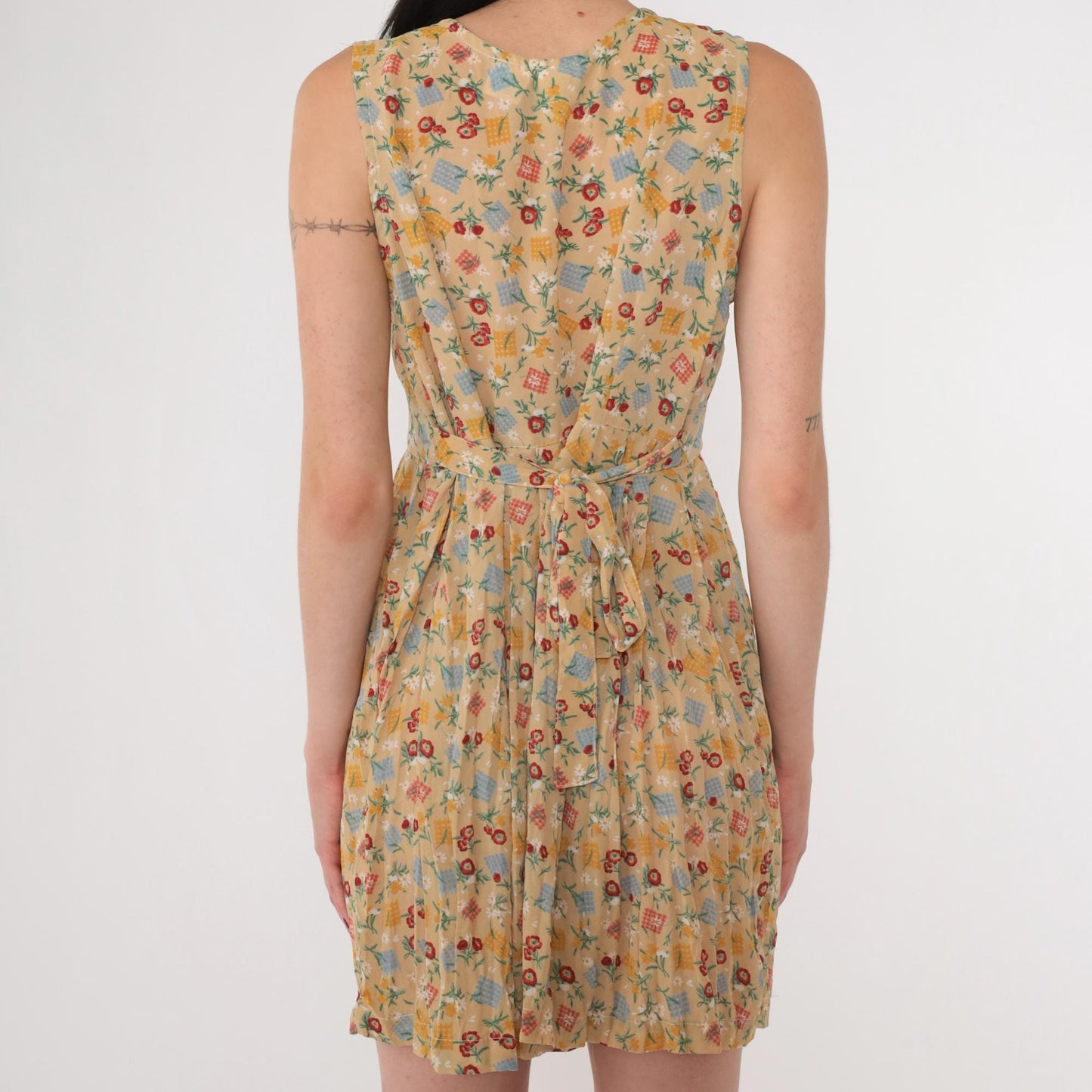 90s Floral Checkered Patchwork Mini Dress Tan Sleeveless Collared A-Line Small