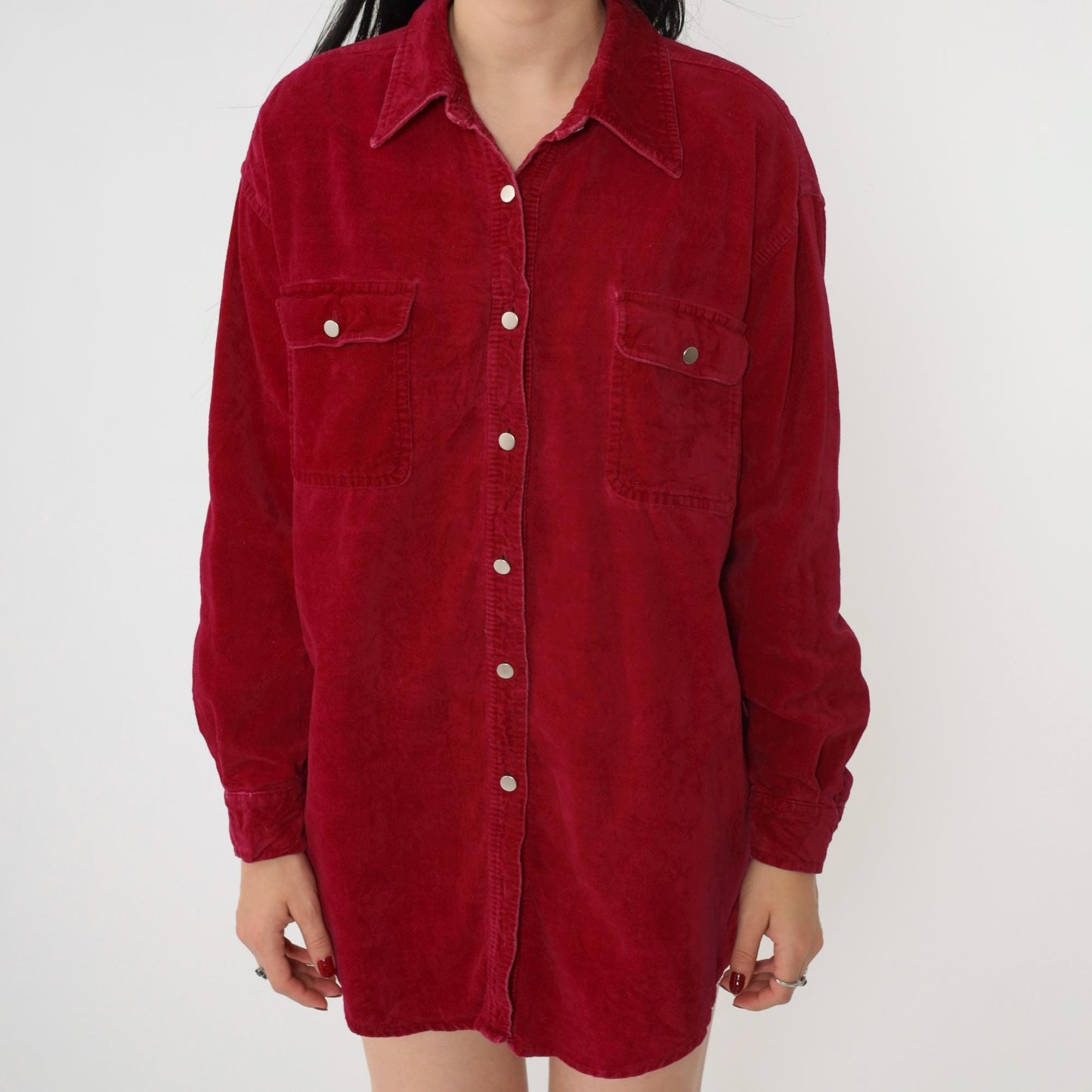 90s Red Cotton Oxford Button-Up Blouse Long Sleeve Chest Pocket Small