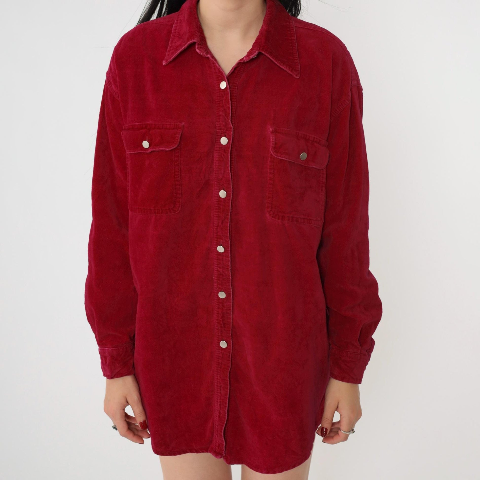 90s Red Cotton Oxford Button-Up Blouse Long Sleeve Chest Pocket Small