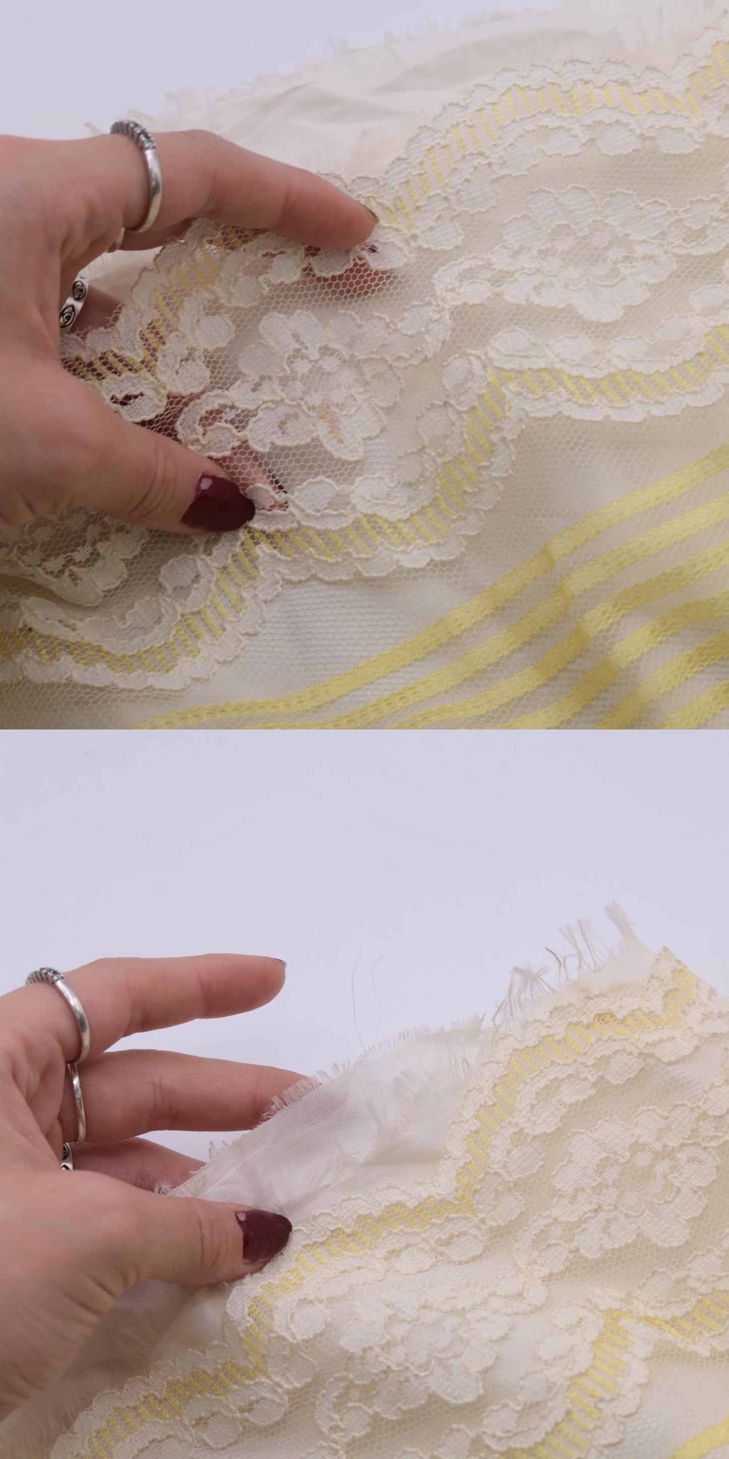 70s Yellow White Floral Lace Mini Dress Puff Sleeve Ruffle Trim Small