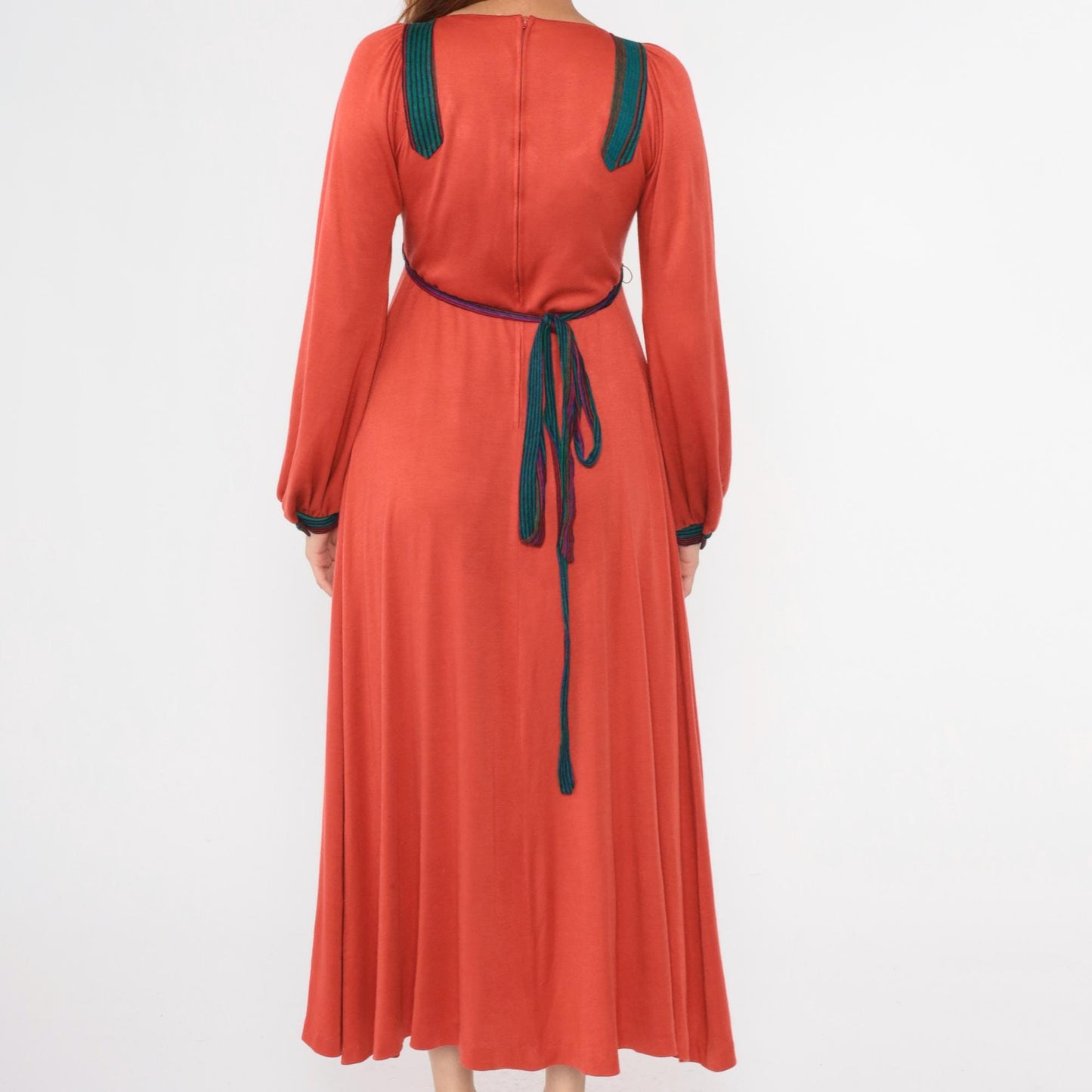 70s Rust Orange Prairie Maxi Dress Puff Sleeve Empire Waist Small Medium