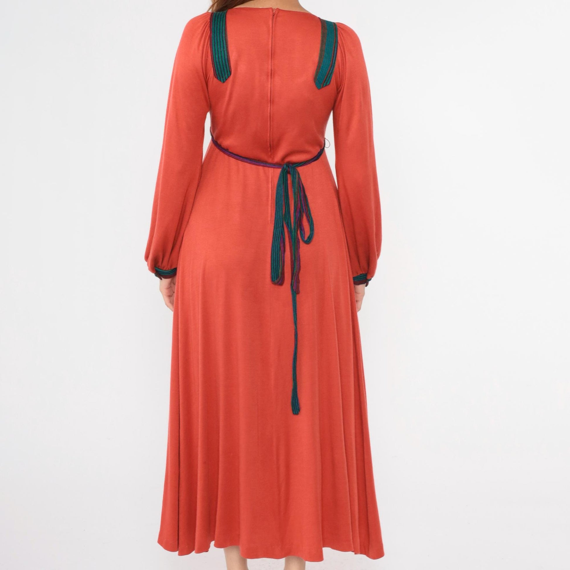70s Rust Orange Prairie Maxi Dress Puff Sleeve Empire Waist Small Medium