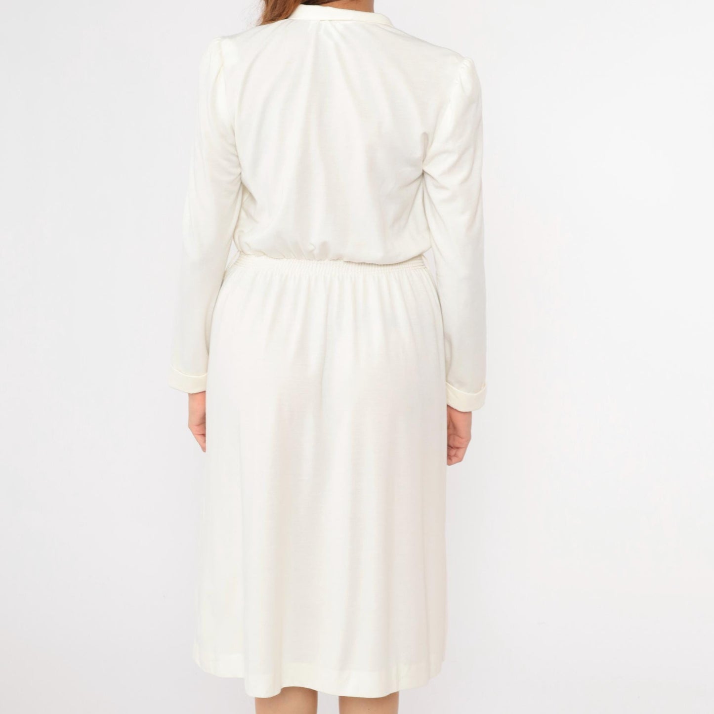 80s Off-White Puff Sleeve Shirtdress Midi High Waist Button Front Small