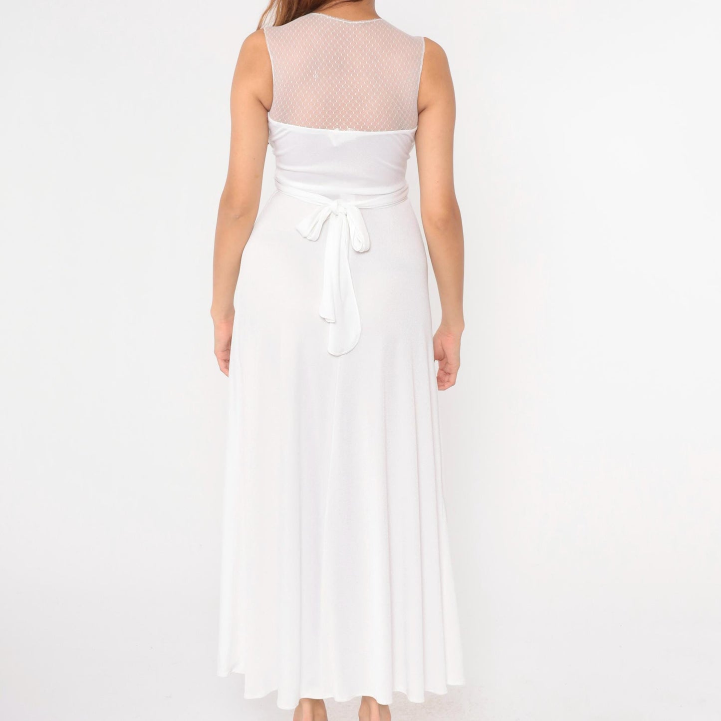 70s White Maxi Dress Sheer Lace Empire Waist Wrap Sleeveless Extra Small