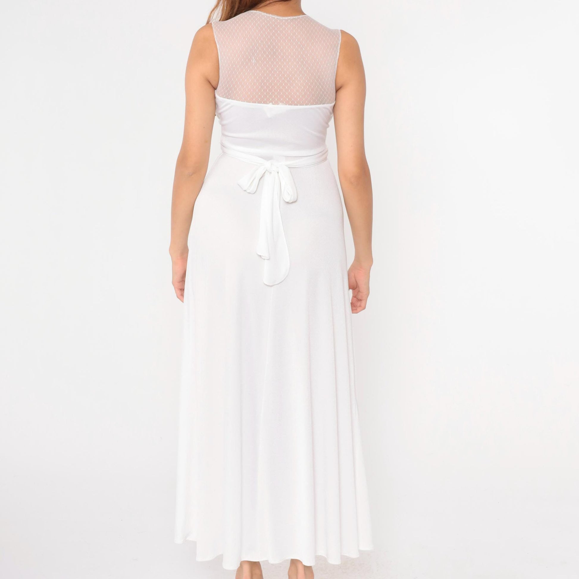70s White Maxi Dress Sheer Lace Empire Waist Wrap Sleeveless Extra Small