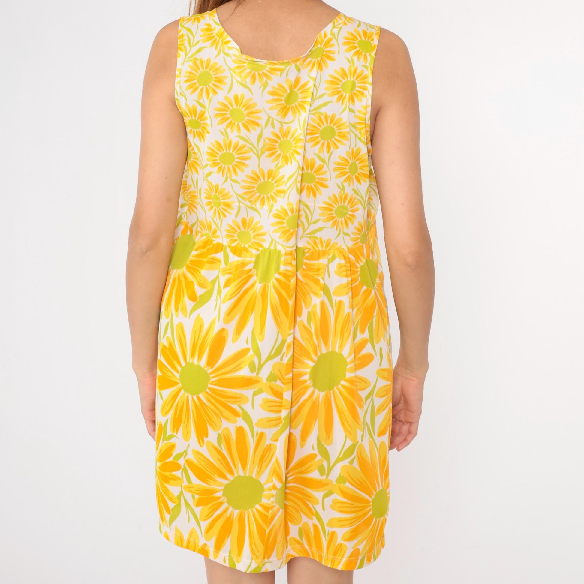 70s Yellow Floral White Slip Dress Nightgown Empire Waist Mini Large