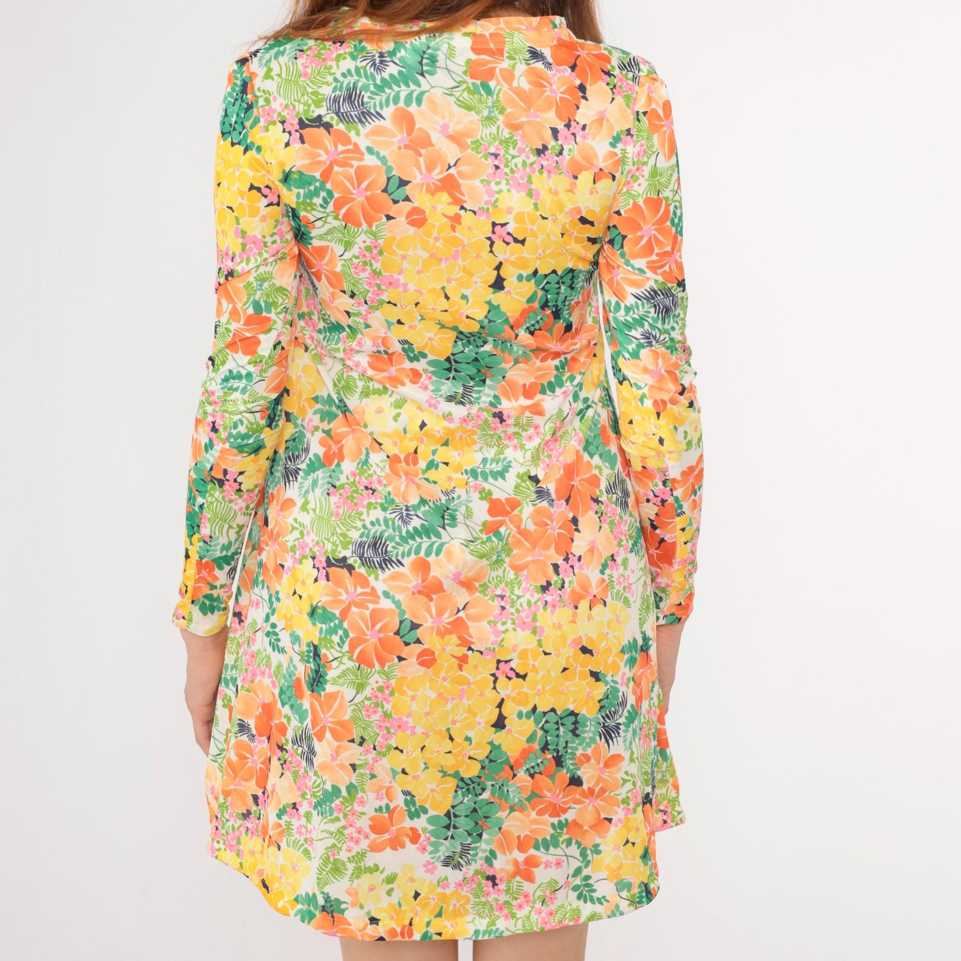 70s Floral Mini Dress Shift Cut Long Sleeve A-Line Yellow Green Orange Small