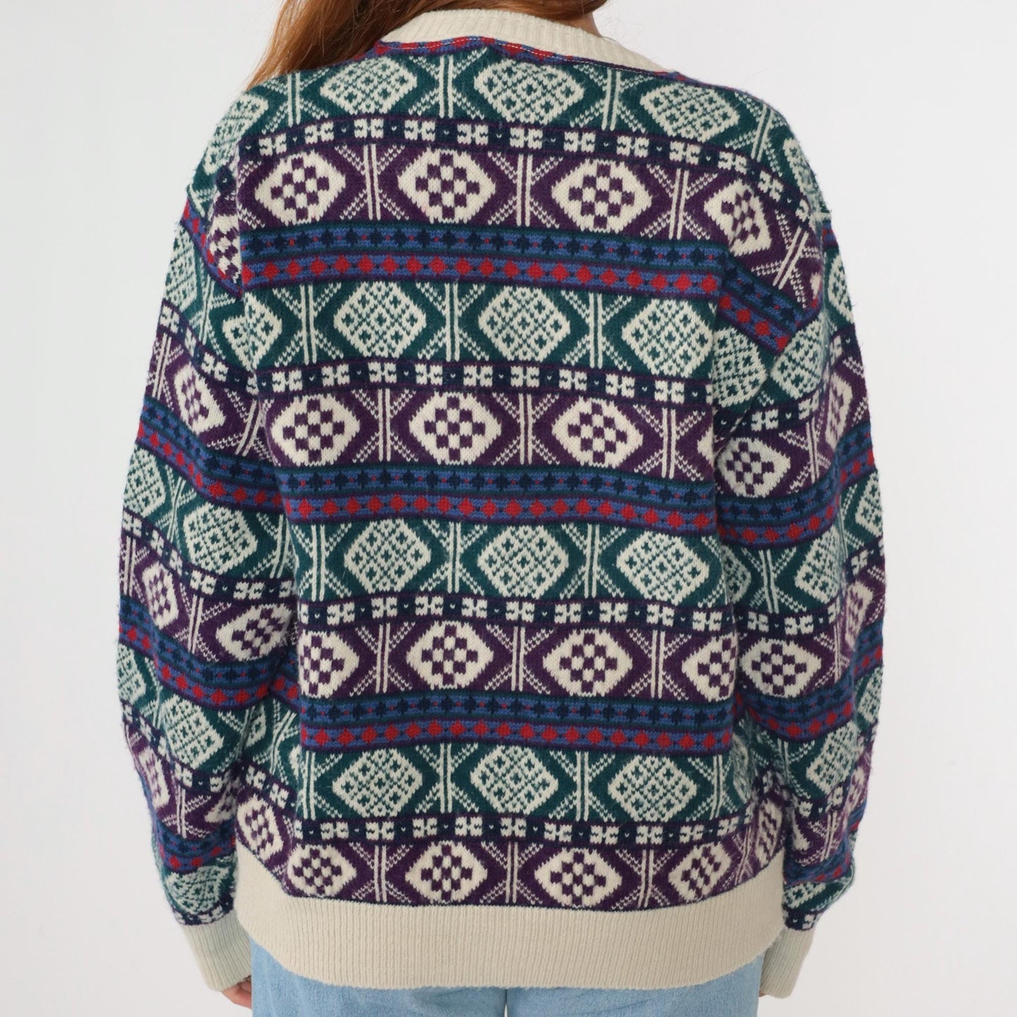 80s Nordic Geometric Fair Isle Sweater Green Purple Knit Pullover Large L