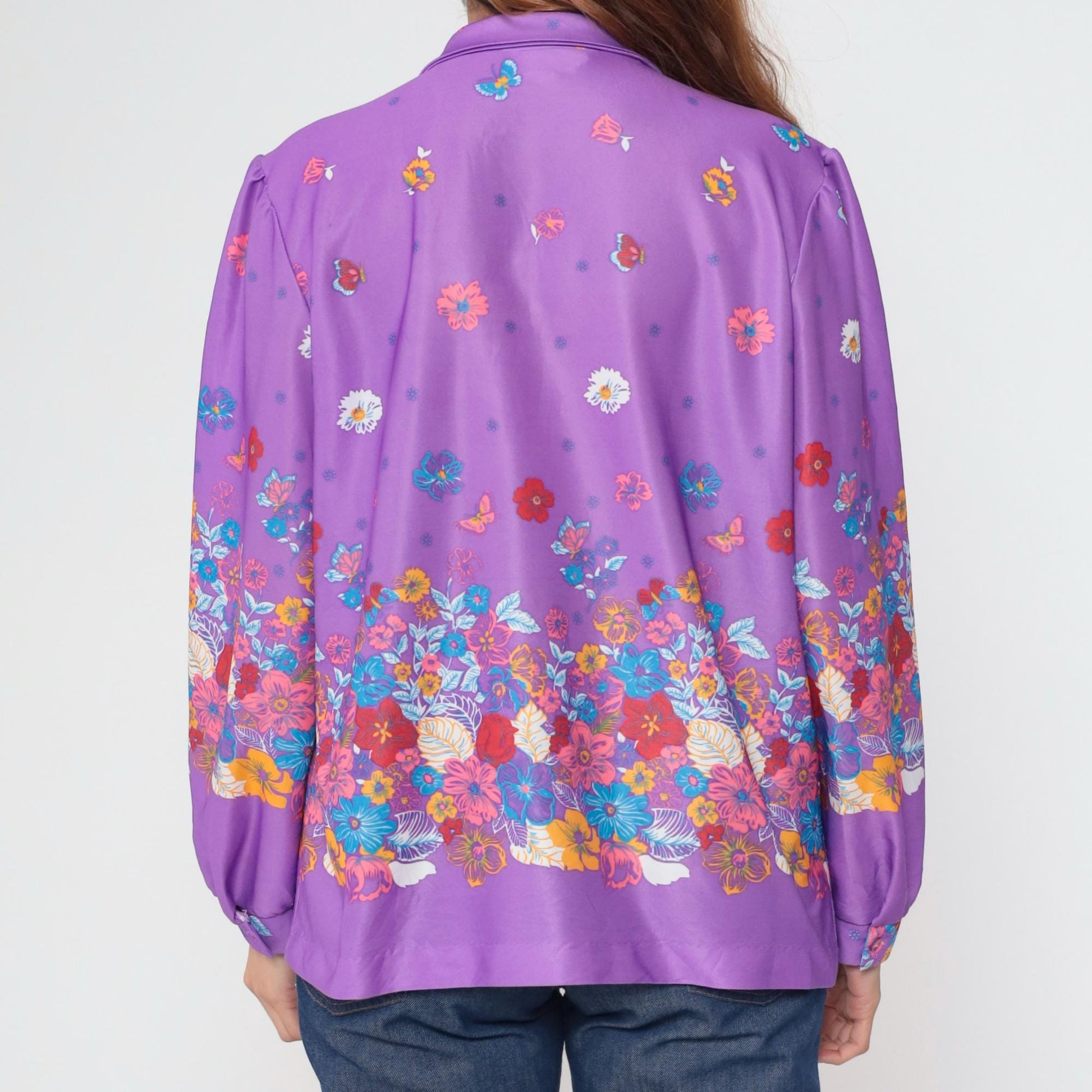 70s Penny Lou Floral Butterfly Blouse Purple Puff Sleeve Button Up Extra Large