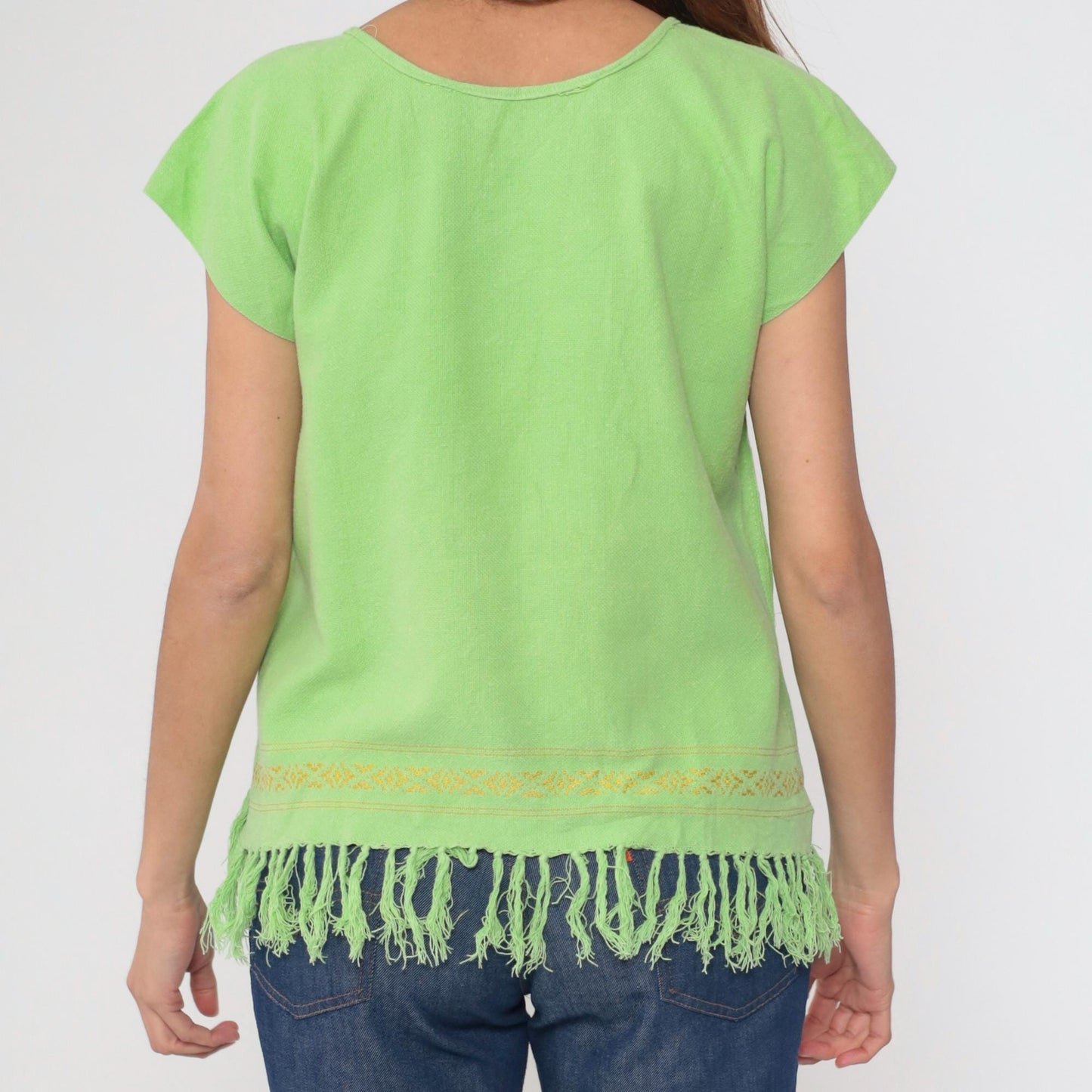 80s Lime Green Embroidered Mexican Tunic Top Geometric Cutwork Cap Sleeve Medium