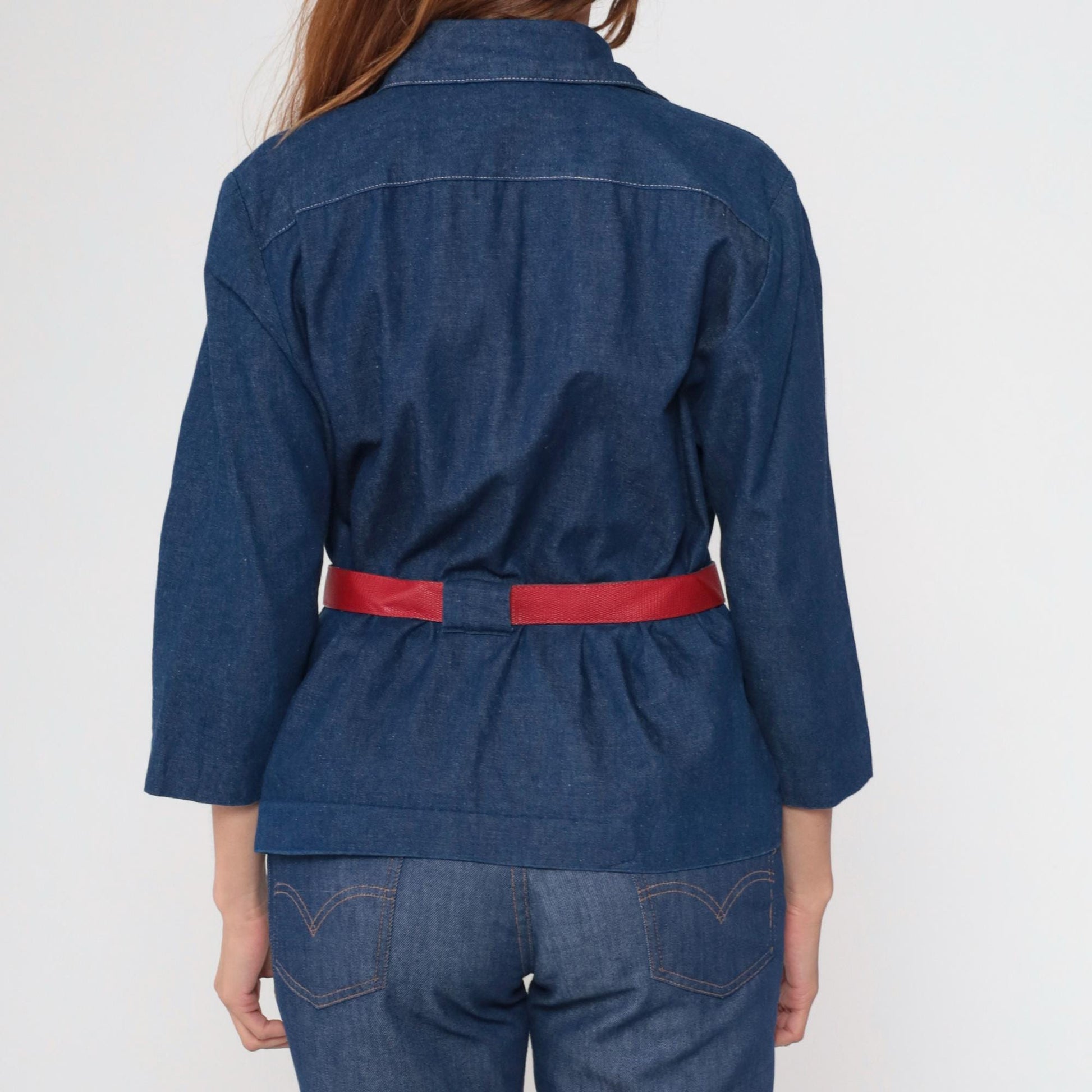 80s Willi of California Chambray Blouse Button-Up Pointed Collar Blue Medium
