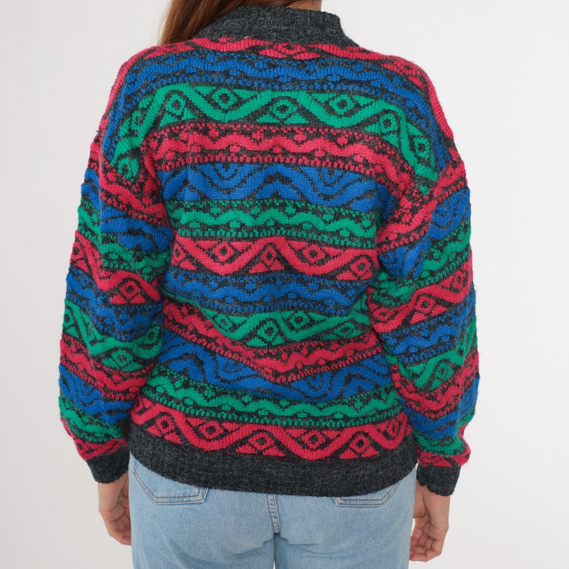 80s Nan Dorsey Geometric Striped Mock Neck Sweater Blue Green Red Medium