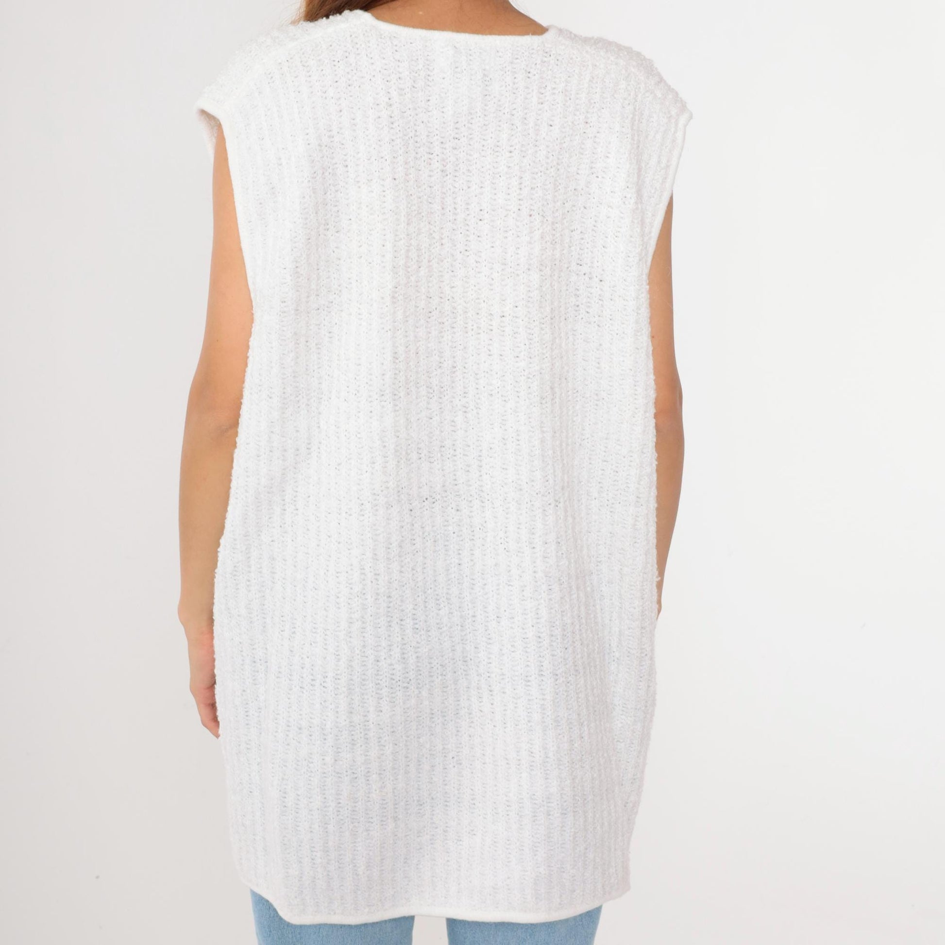 80s Sideffects Plus White Knit Vest Open Front Pockets Sleeveless Extra Extra Large XXL