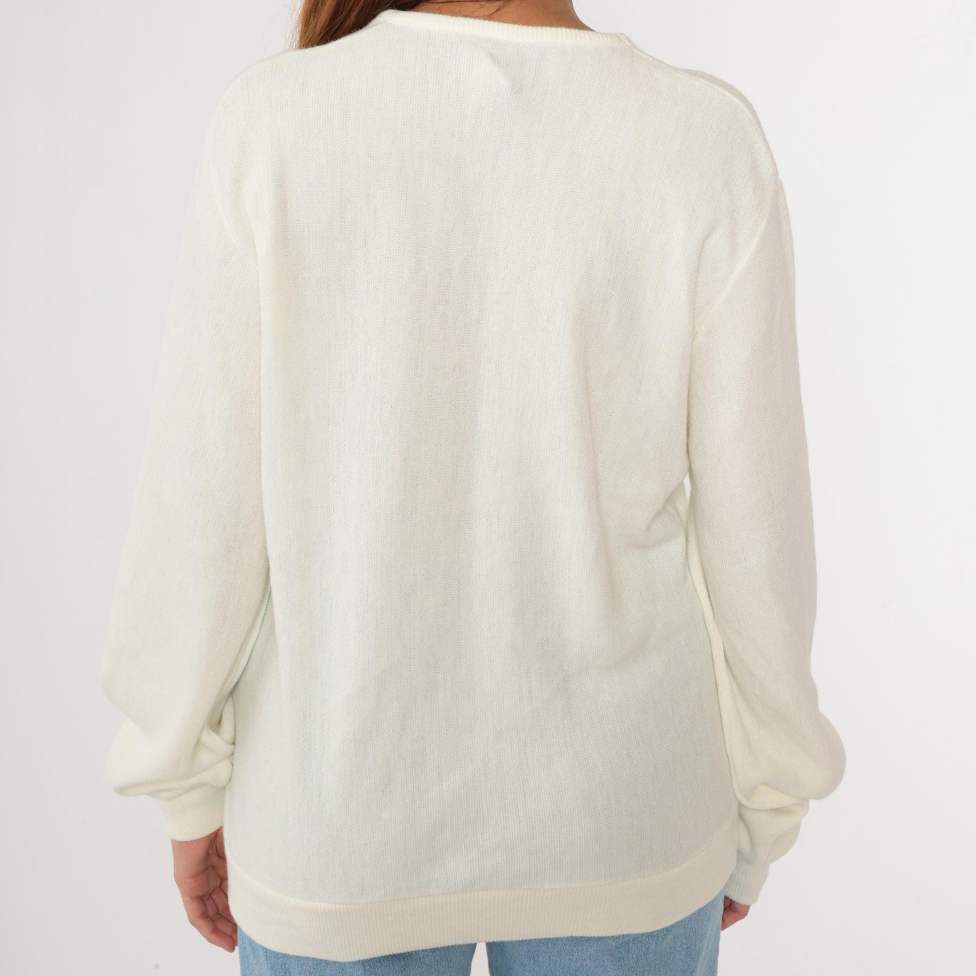 80s Sportswear by Bryant White V-Neck Knit Sweater Pullover Large L