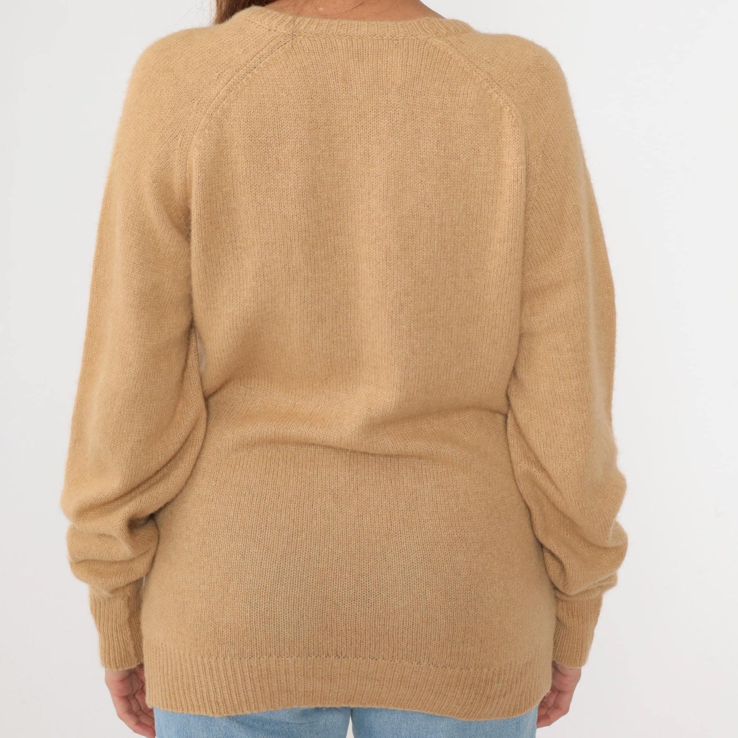 80s Tan V-Neck Knit Sweater Slouchy Pullover Small