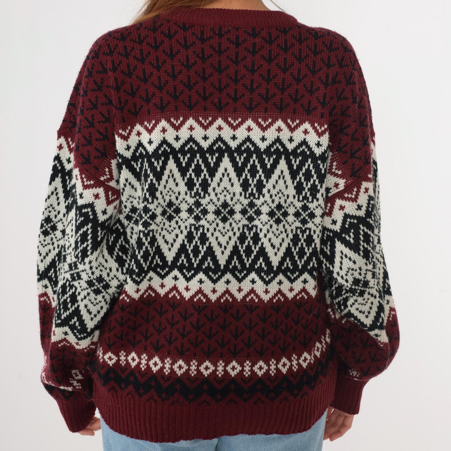 90s Fair Isle Sweater Maroon Black White Geometric Knit Pullover Extra Large