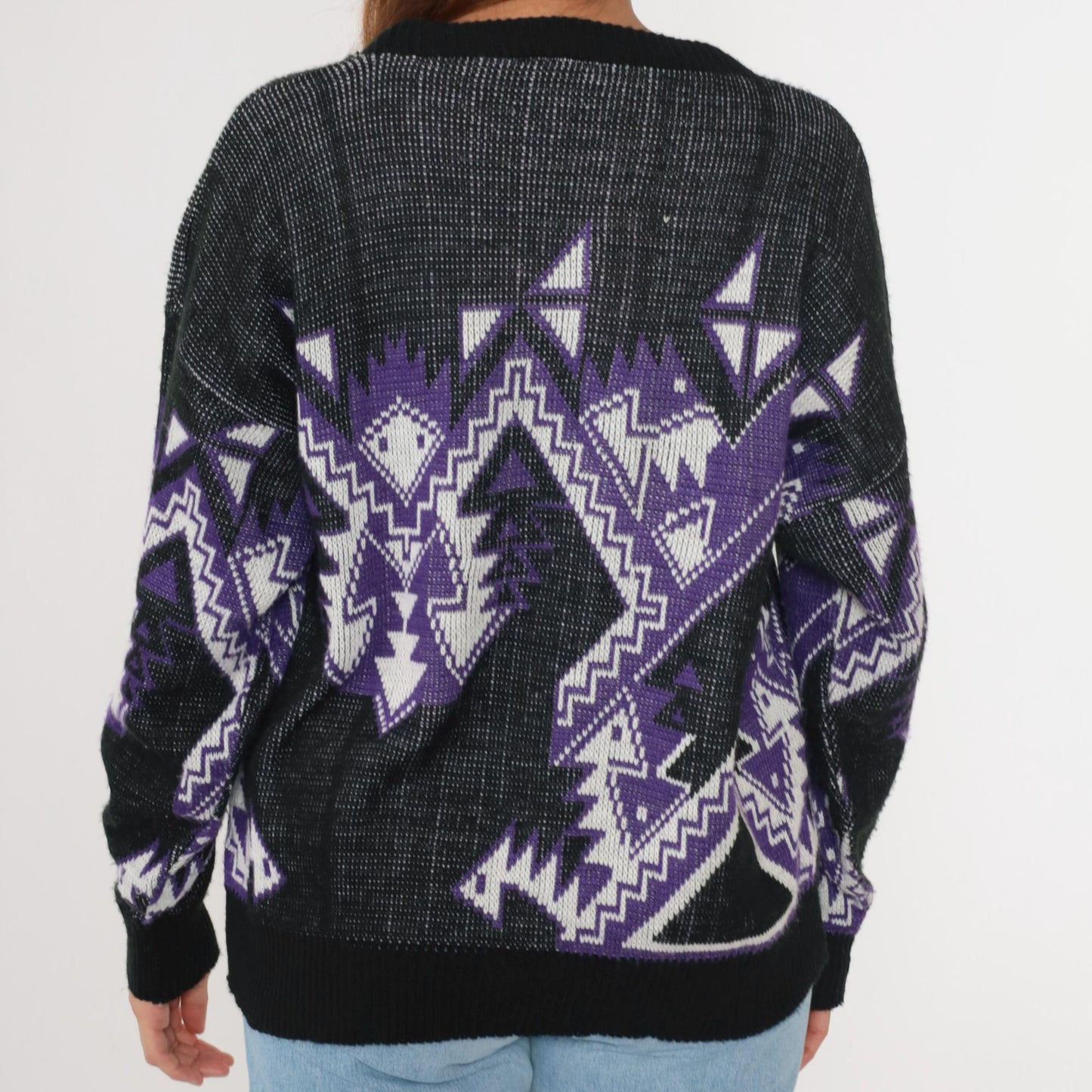 80s Geometric Snake Pattern Sweater Purple Black Acrylic Crewneck Large