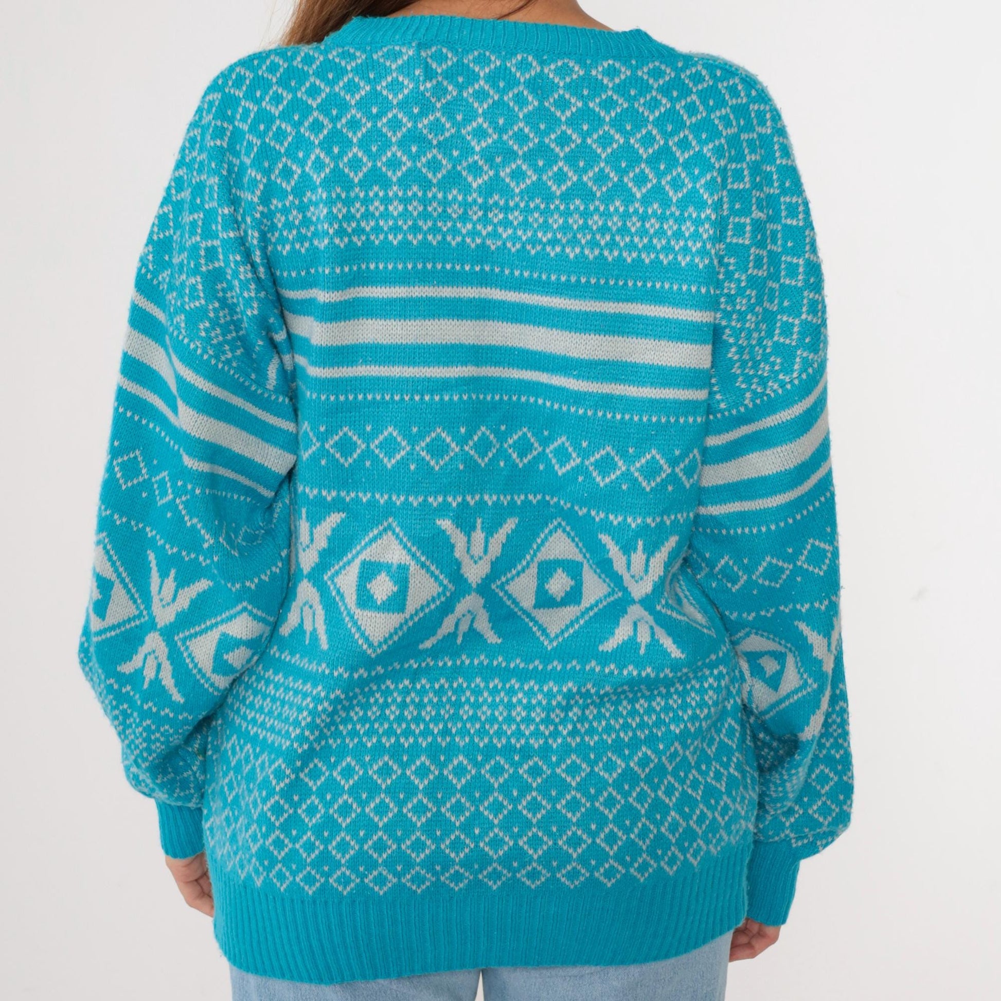 80s Geometric Knit Sweater Bright Blue Diamond Abstract Crewneck Medium M