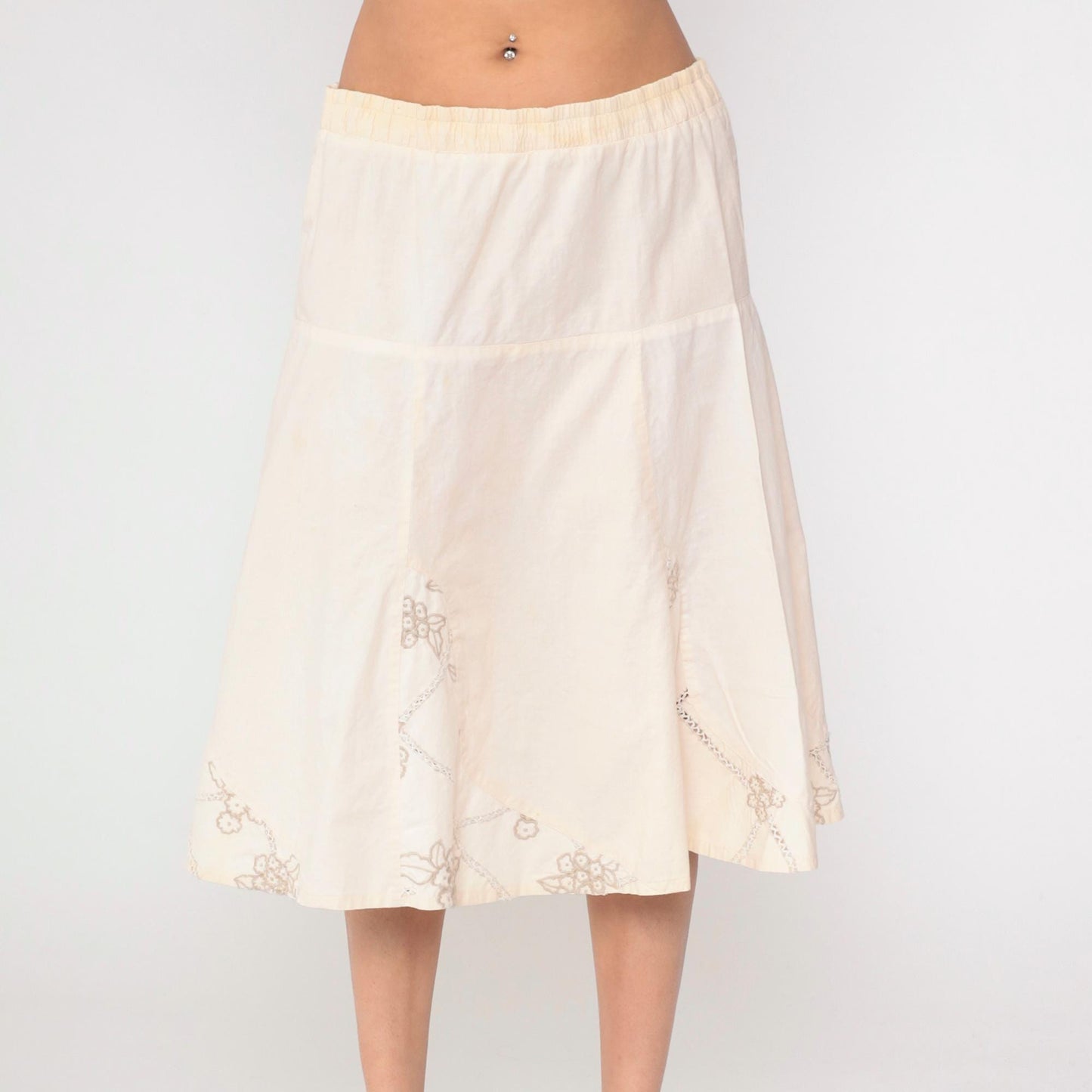 00s Floral Embroidered Cream A-Line Midi Skirt Elastic Waist Large L