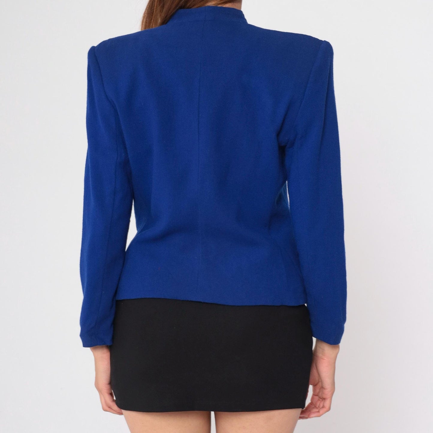 90s Valerie Stevens Wool Blazer Royal Blue V-Neck Gold Button Medium 8