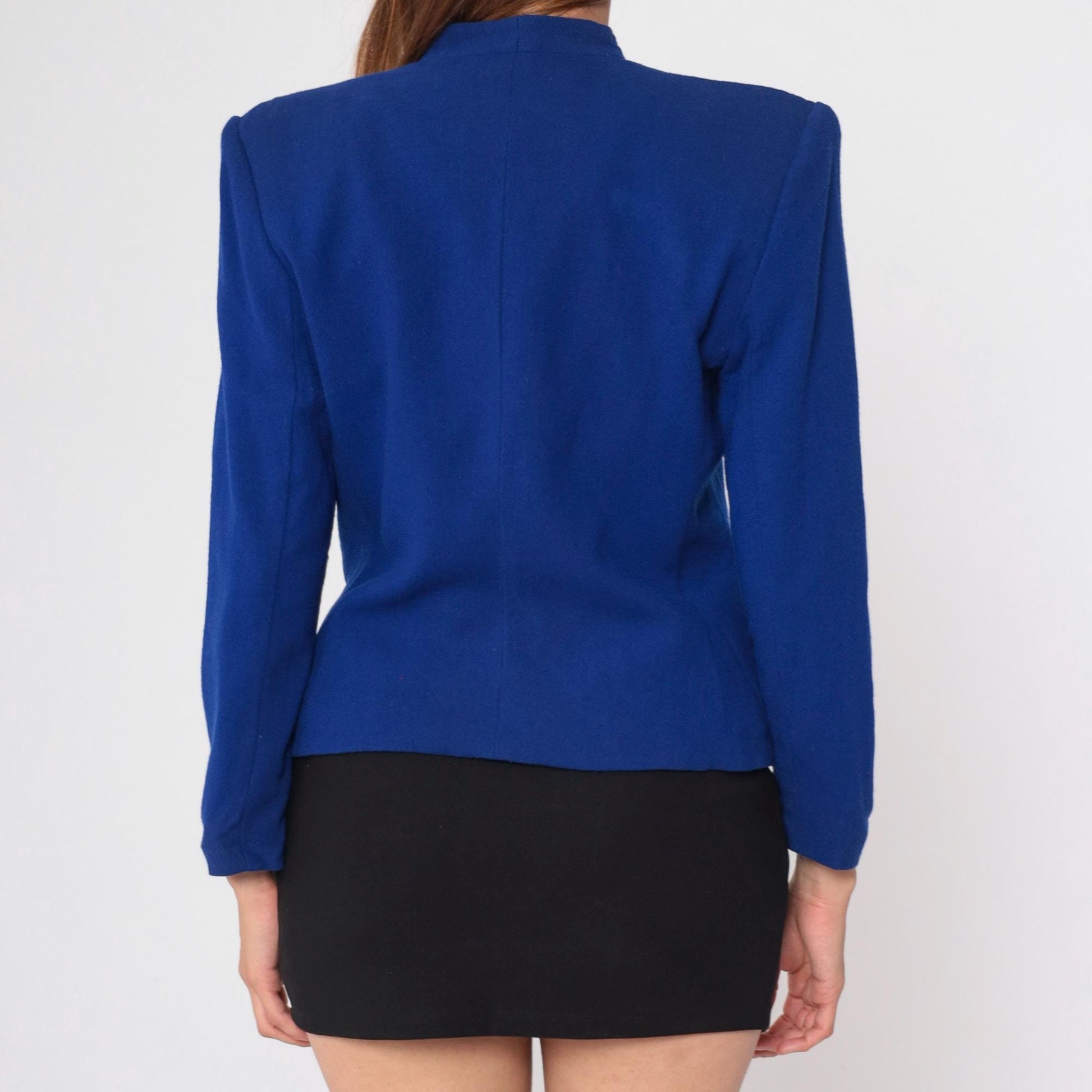 90s Valerie Stevens Wool Blazer Royal Blue V-Neck Gold Button Medium 8