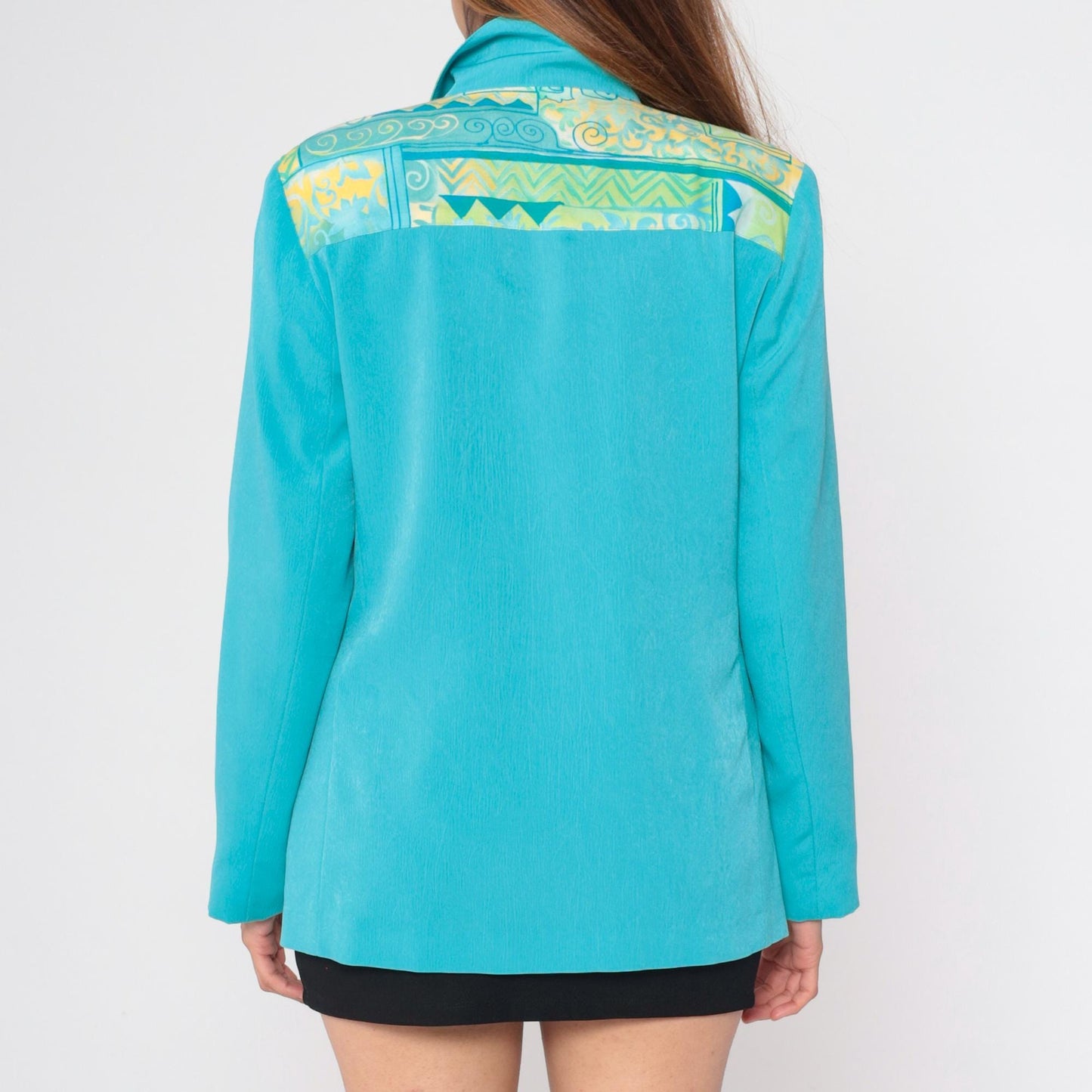 90s Turquoise Geometric Blazer V-Neck Button Jacket Small 6