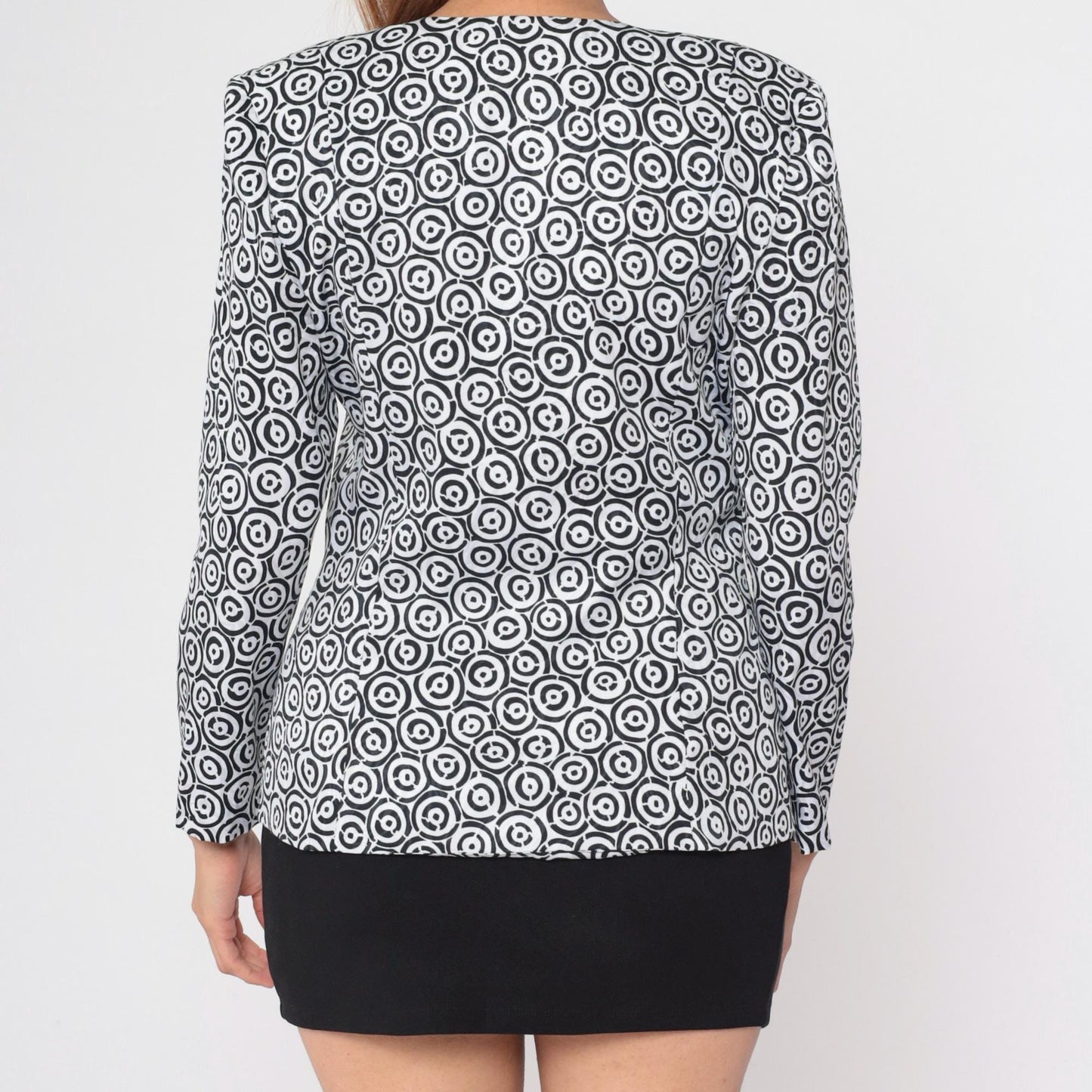 90s Geometric Bullseye Blazer Black White Deep V Neck Medium Petite
