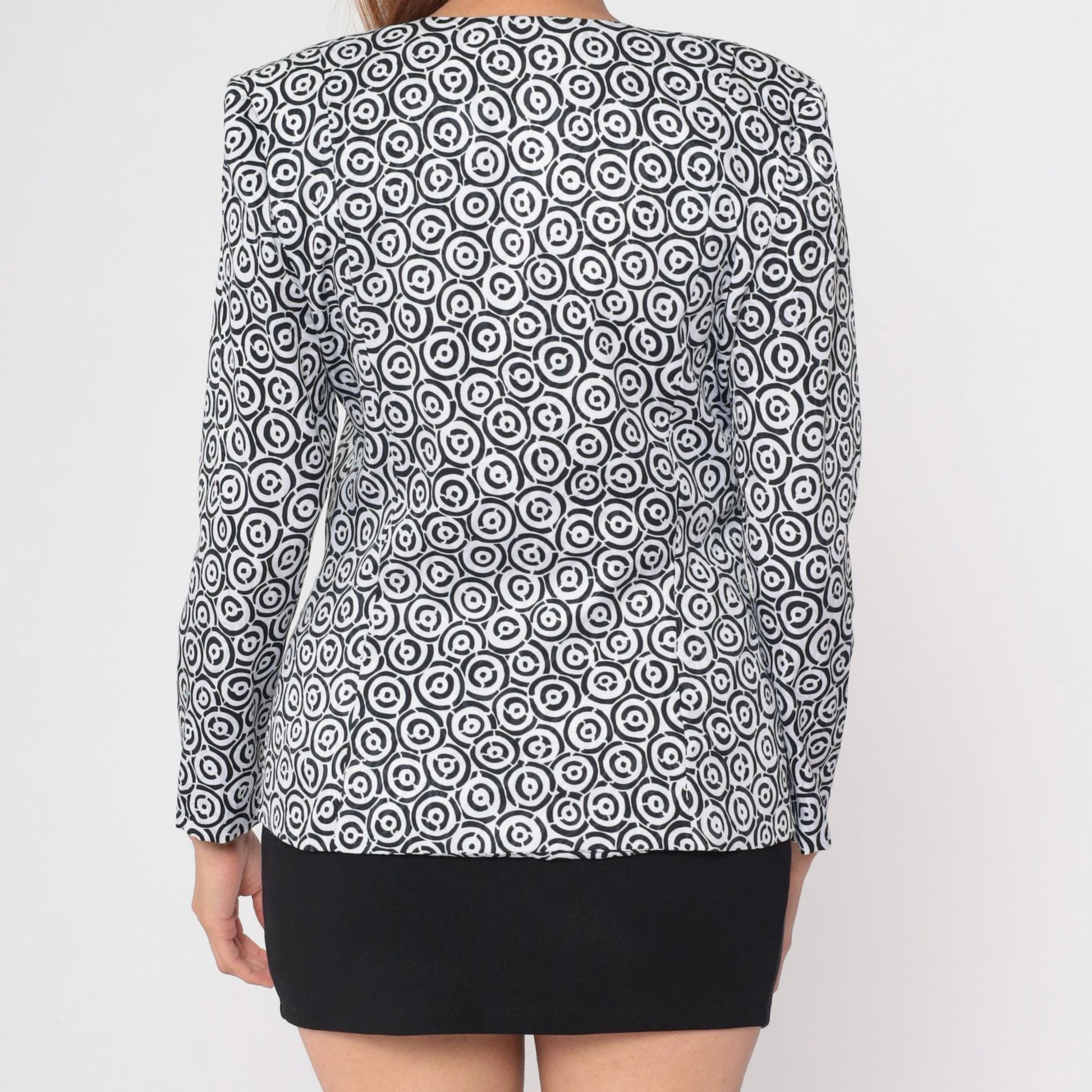 90s Geometric Bullseye Blazer Black White Deep V Neck Medium Petite