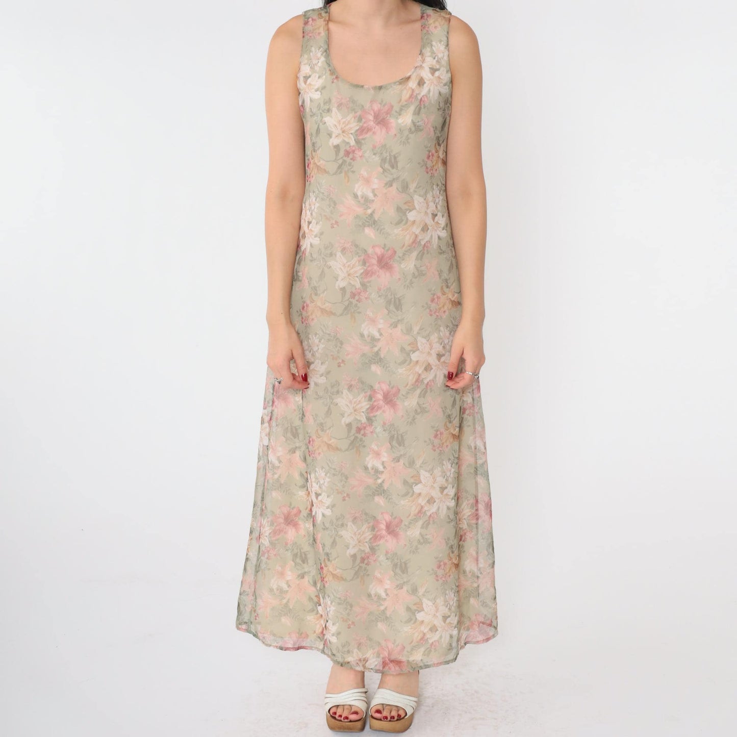 90s Floral Lily Maxi Sundress Soft Green Pink Sleeveless Scoop Neck Small