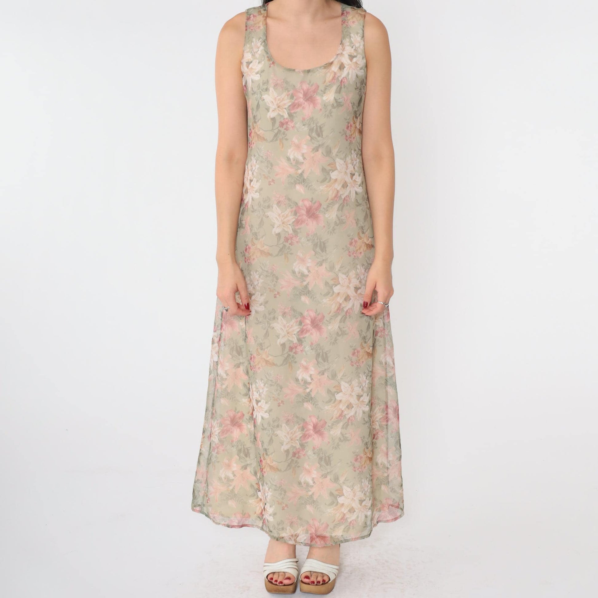 90s Floral Lily Maxi Sundress Soft Green Pink Sleeveless Scoop Neck Small
