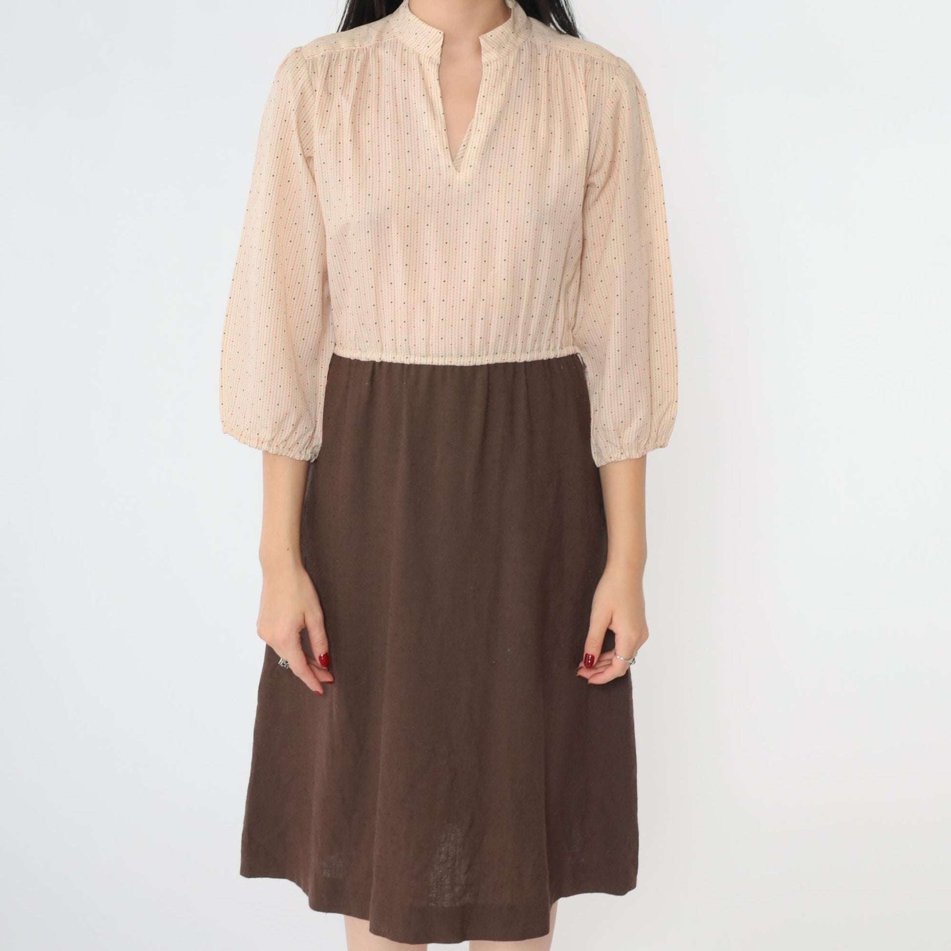70s Beige Brown Dot Print Midi Dress High Elastic Waist V Neck Small