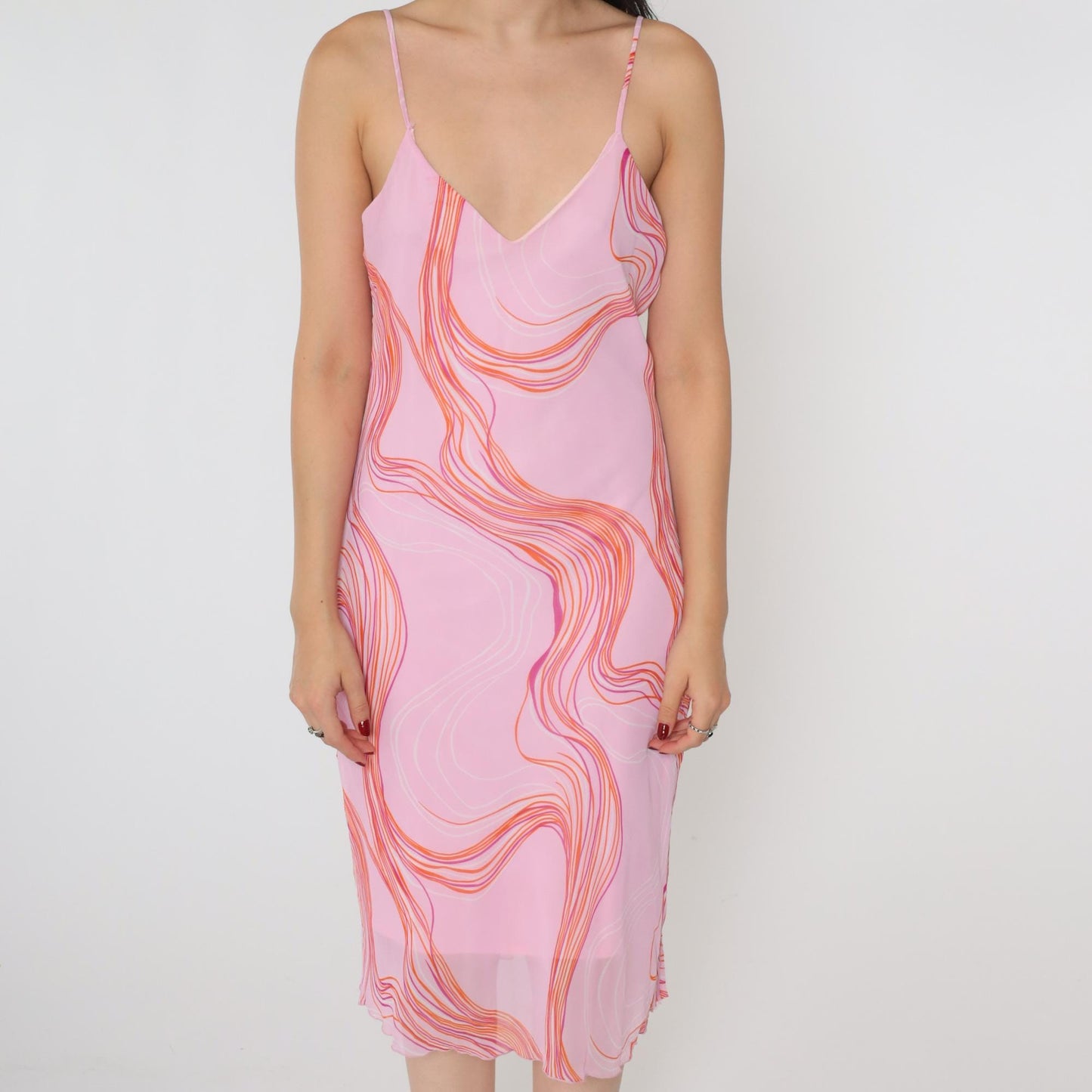 Y2K Pink Chiffon Slip Dress Abstract Swirl Print V-Neck Midi Medium 8
