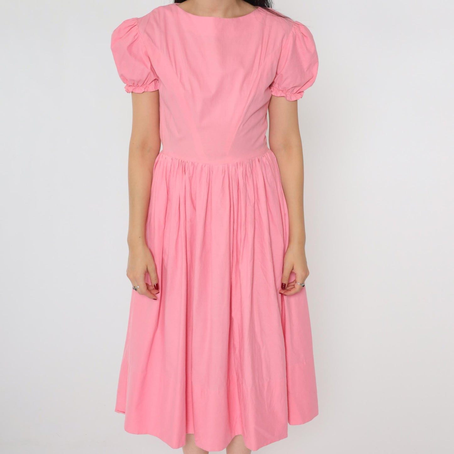 60s Bright Pink Puff Sleeve Midi Dress High Waist Full Skirt Small S