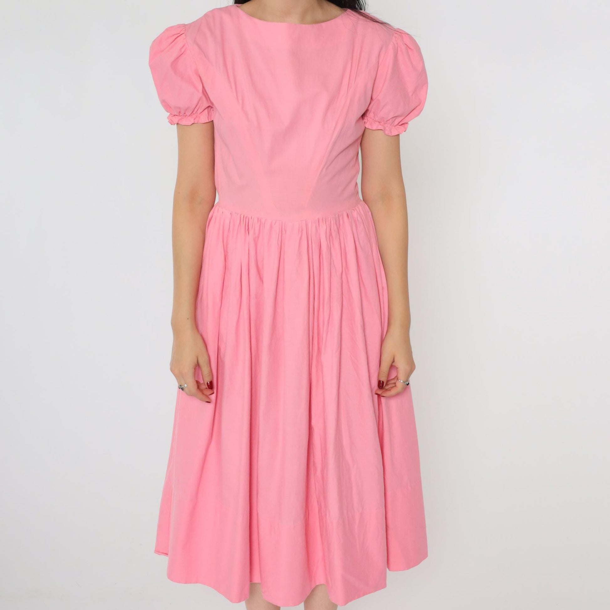 60s Bright Pink Puff Sleeve Midi Dress High Waist Full Skirt Small S