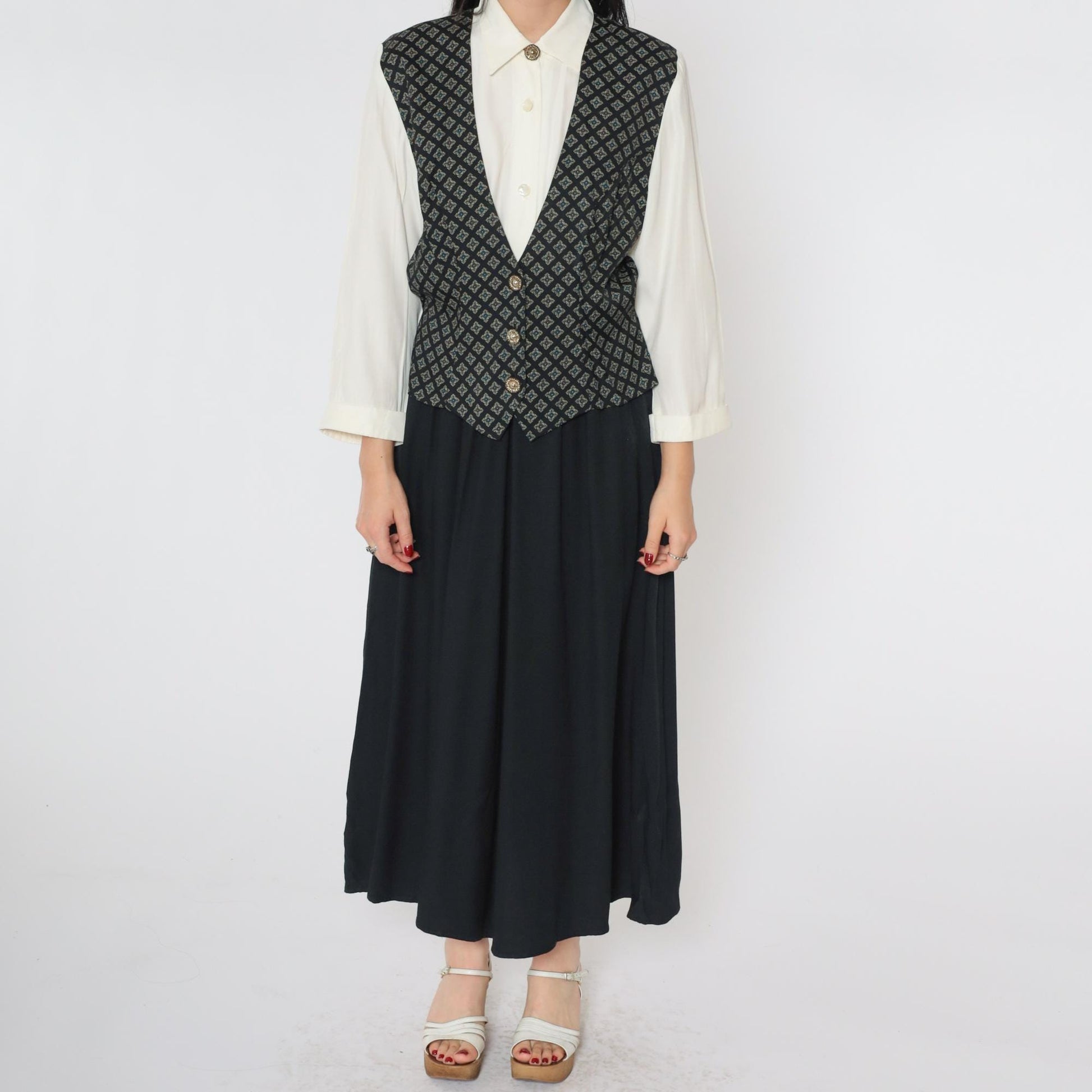 90s S.L. Fashions Maxi Dress Attached Geometric Vest White Black Button Front Small