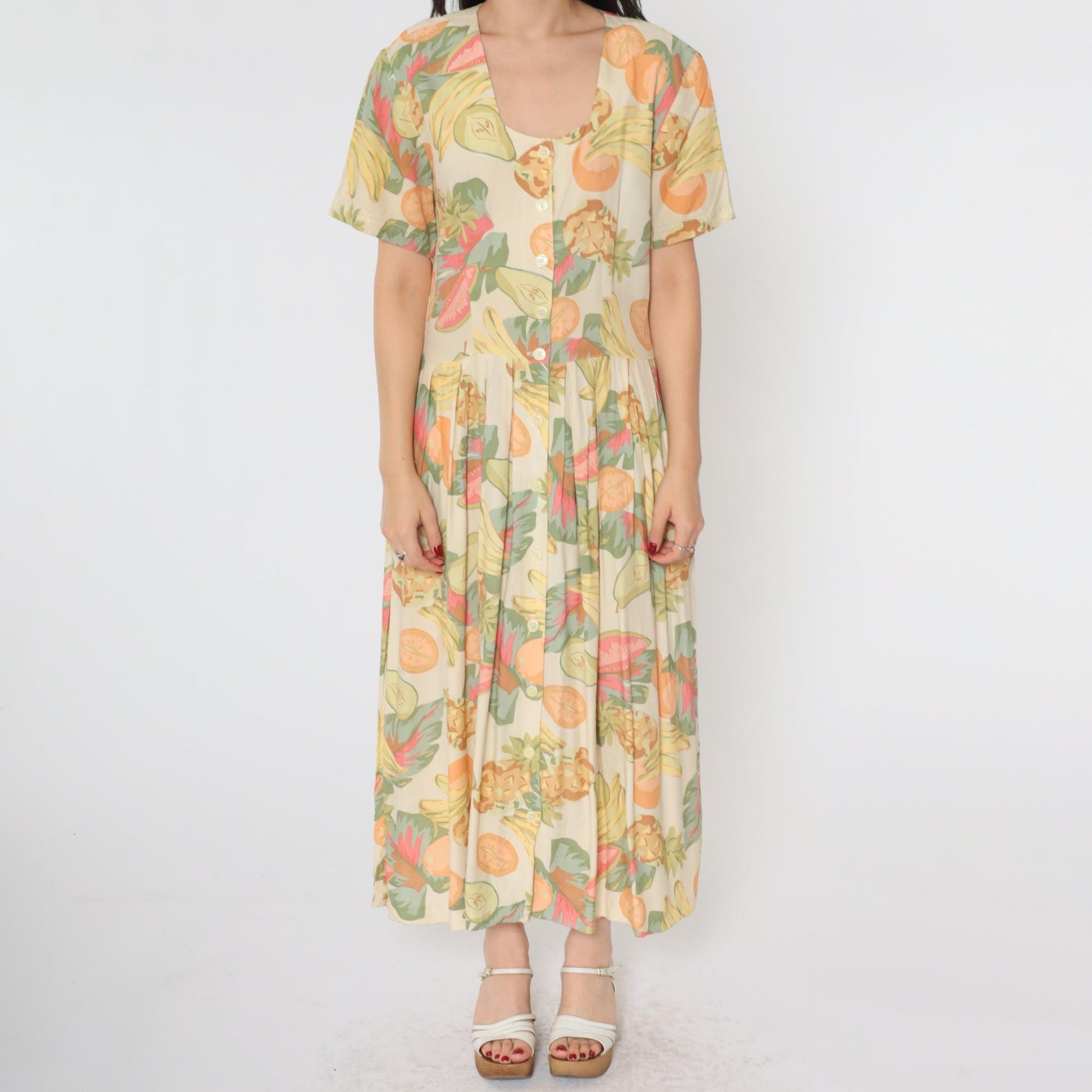 90s Tropical Fruit Print Button-Up Shirtdress Midi Cream Rayon Medium