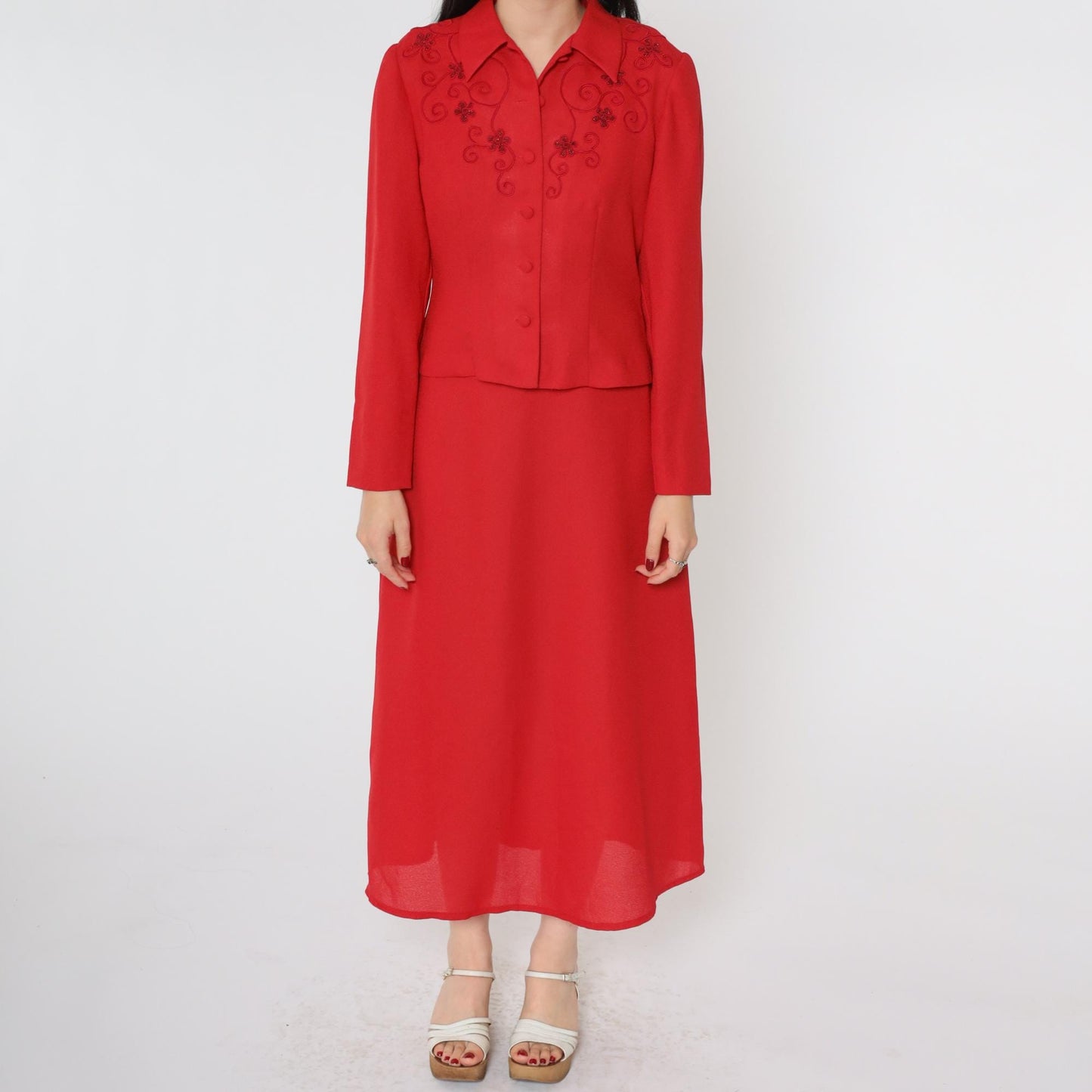 90s Karin Stevens Red Soutache Beaded Two-Piece Dress Set Ankle Length Small Petite