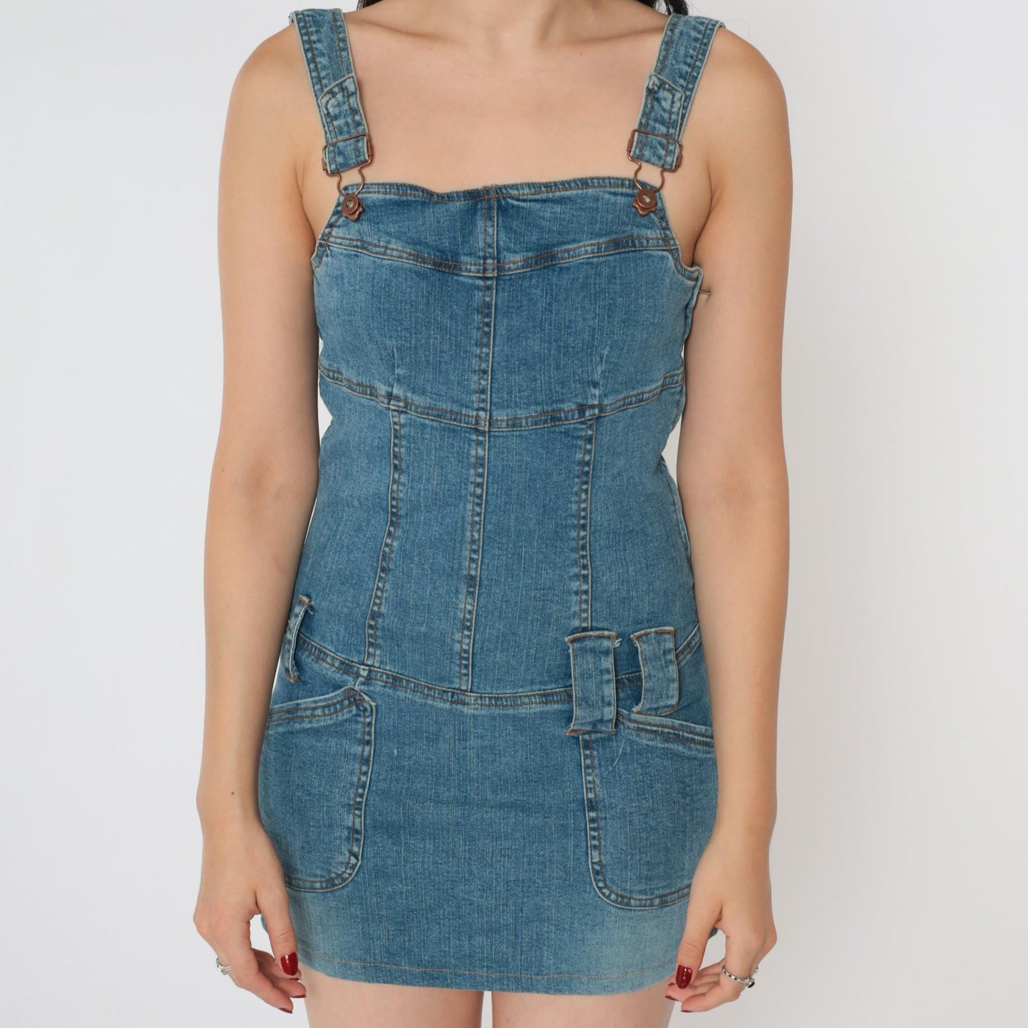 Y2K Hot Kiss Blue Denim Overall Mini Dress Bodycon Sleeveless Extra Small