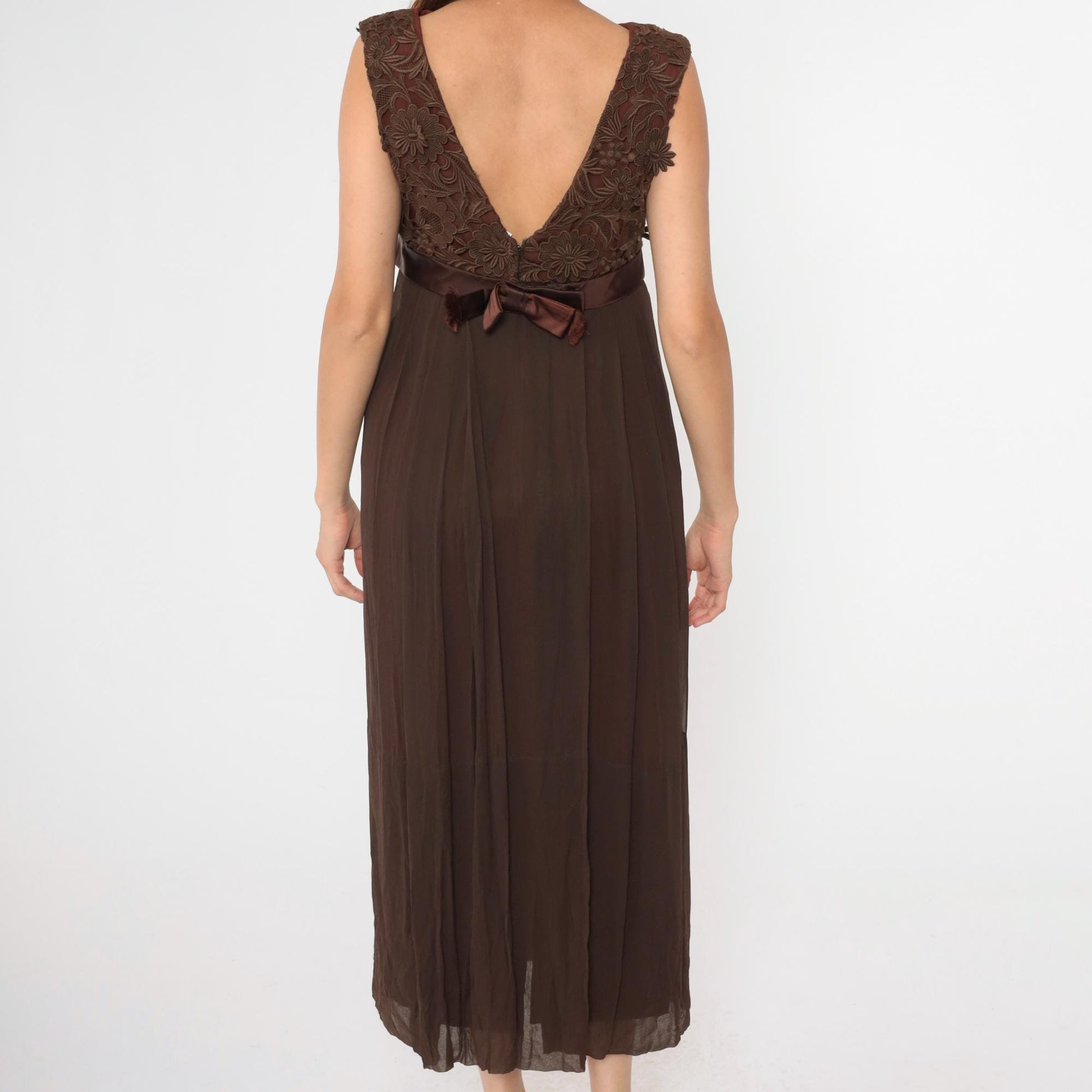 1960s Brown Lace Empire Waist Maxi Dress V Back Bow Sleeveless Medium 8