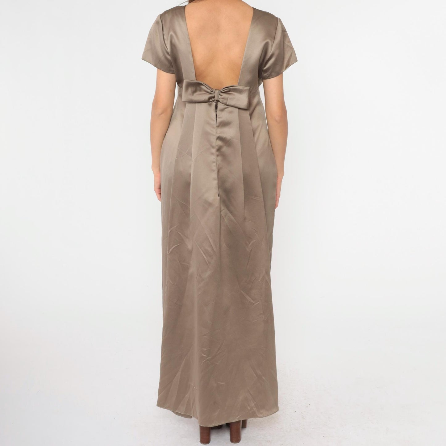 90s Bill Levkoff Satin Maxi Dress Mocha Brown Empire Waist Bow Back Small