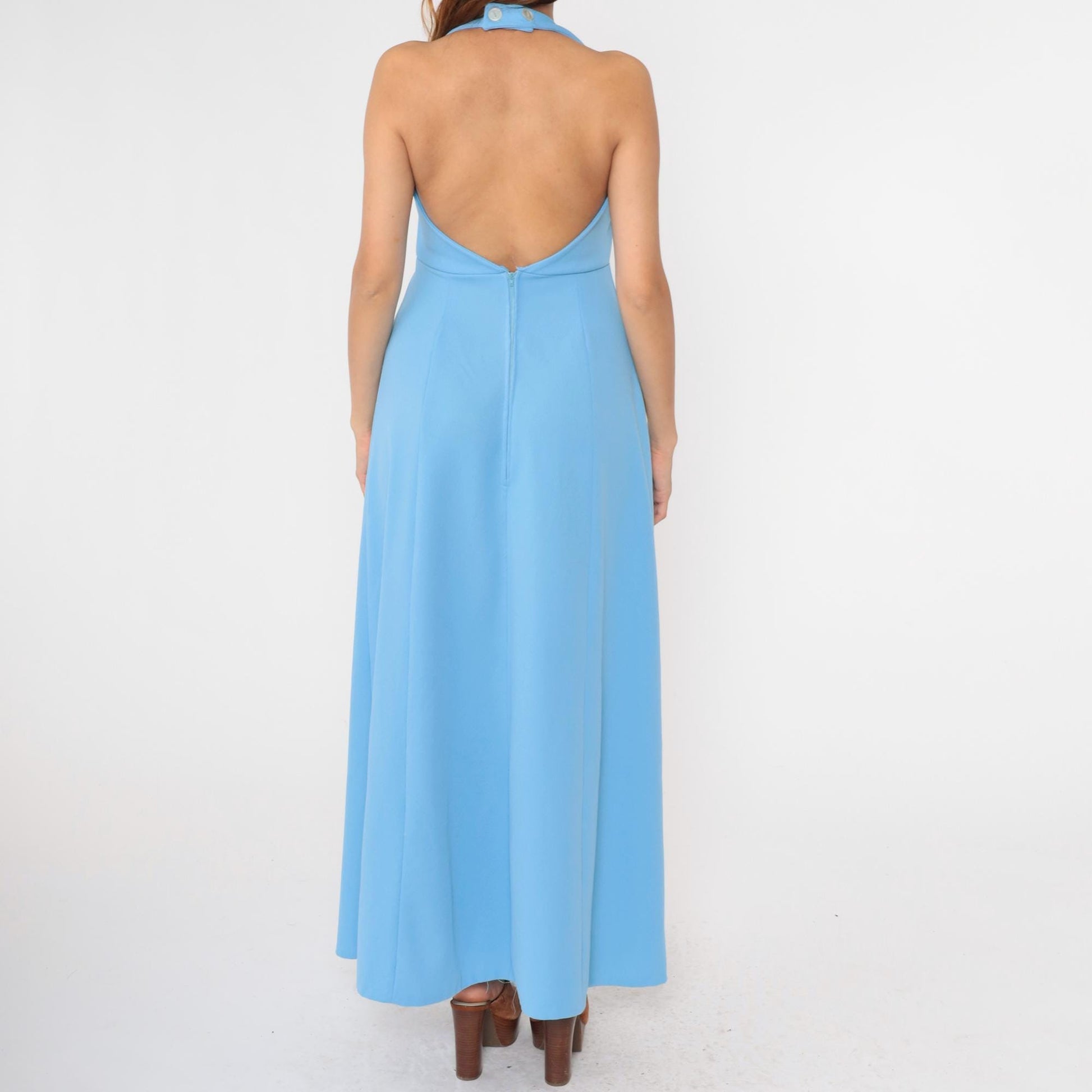 70s Blue Halter Maxi Dress Empire Waist Open Back Sleeveless Medium M