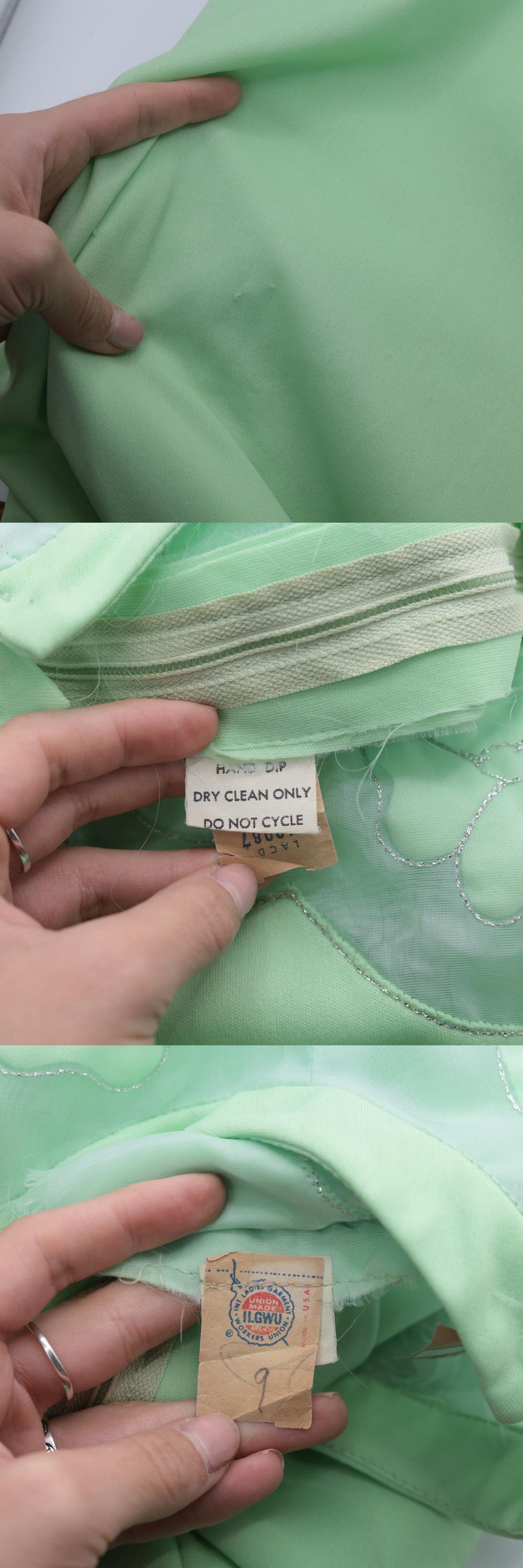70s Mint Green Maxi Dress Embroidered Mesh Yoke Rhinestone Buckle Small