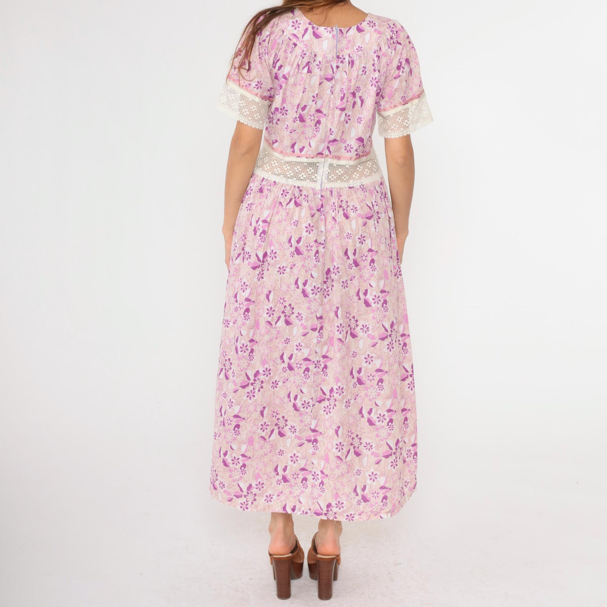 Y2K Floral Maxi Dress Purple Pink Lace Trim Short Sleeve Large