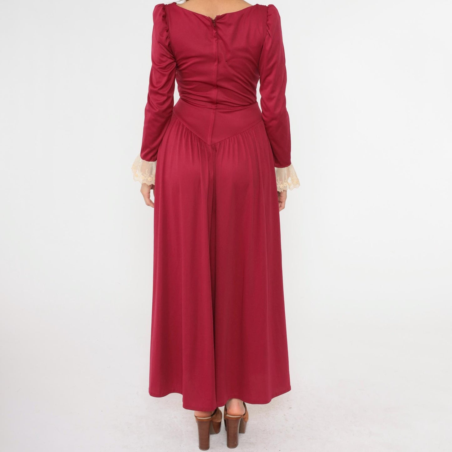 70s Bianchi Raspberry Maxi Dress Puff Sleeve Lace Trim High Waist Small