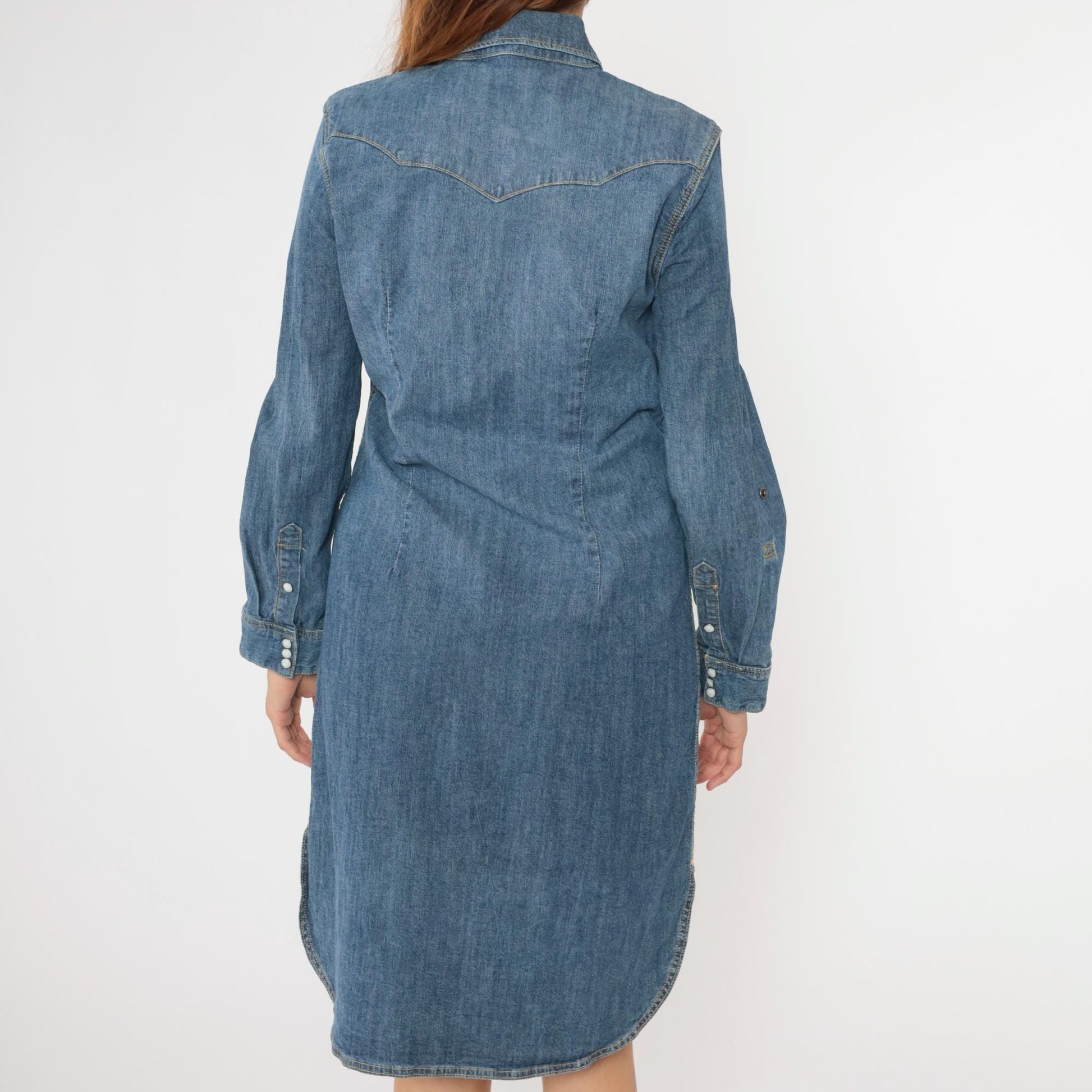 00s Reba Denim Midi Dress Pearl Snap Button-Up Sheath Blue Cotton Medium