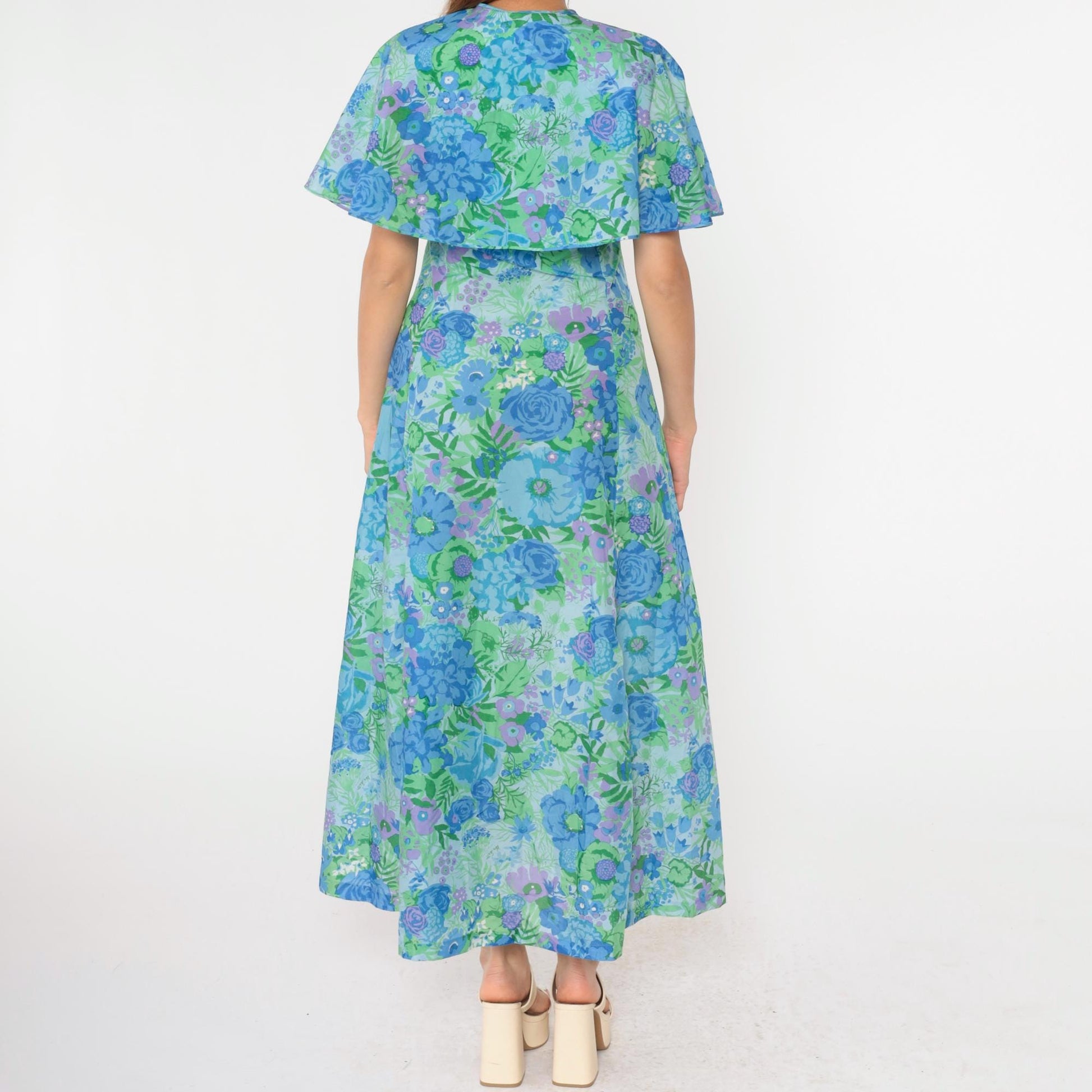 70s Lord & Taylor Floral Maxi Dress Blue Green Capelet Button Front Small