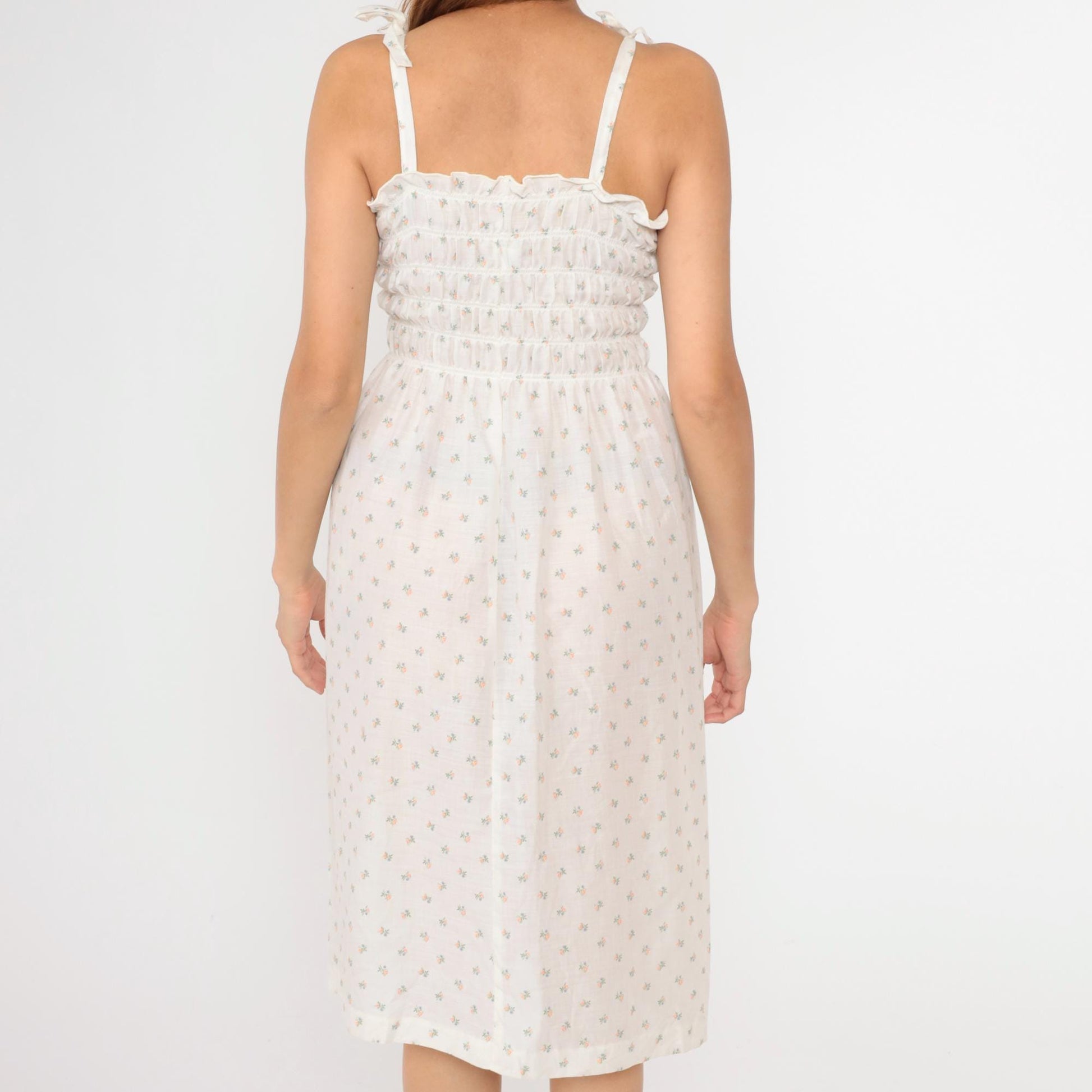 70s Floral Calico Sundress White Smocked Spaghetti Strap Midi Small