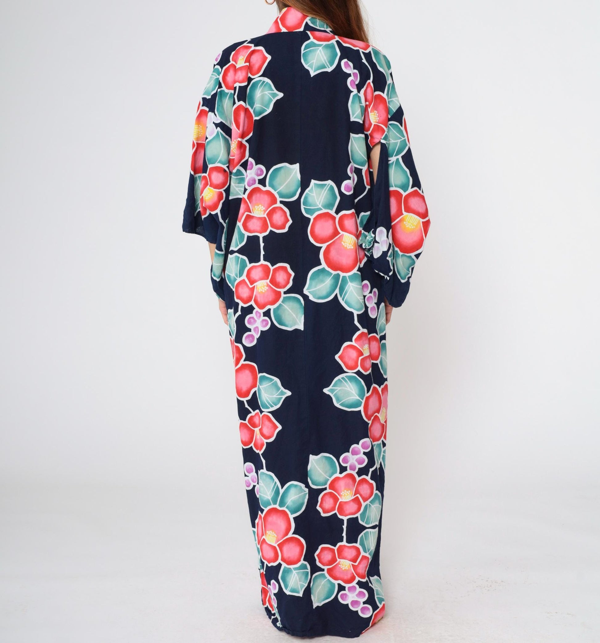 Y2K Japanese Floral Kimono Navy Blue Maxi Robe Open Front Small Medium Large