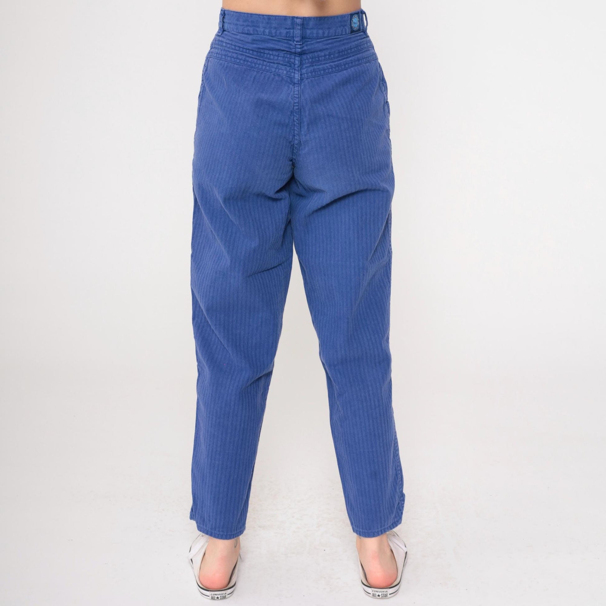 90s Blue Pinstriped High-Waist Tapered Pants Cotton Small
