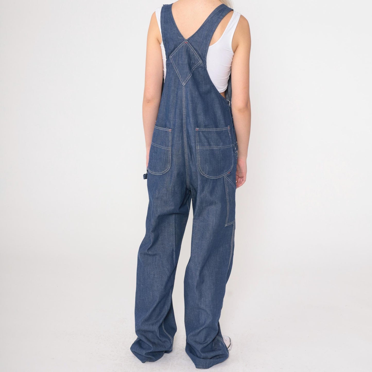 70s Dark Blue Denim Bib Overalls Wide Leg Long Dungarees Small S